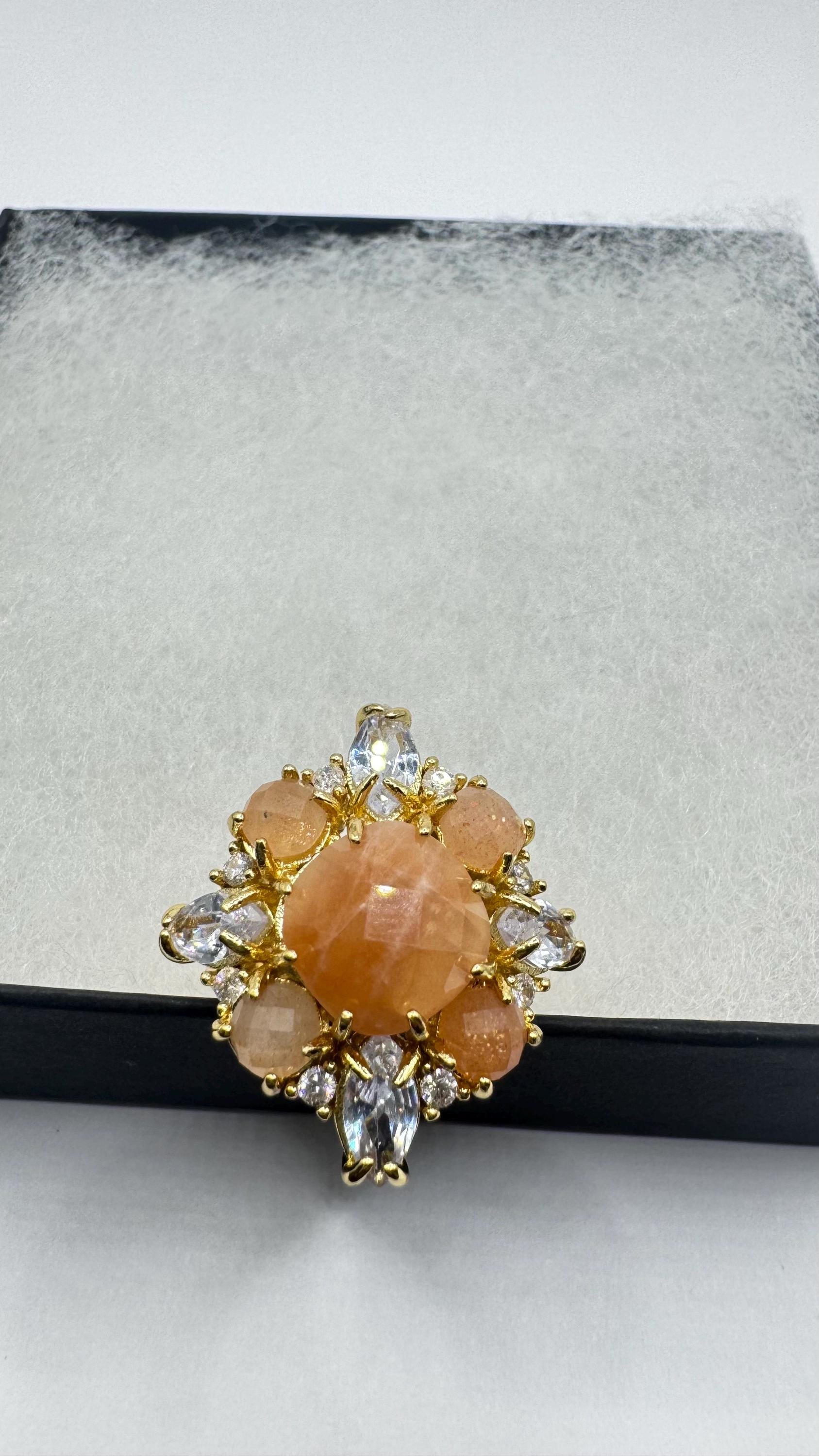 Vintage Genuine Rose Quartz Golden Cocktail Adjustable Ring