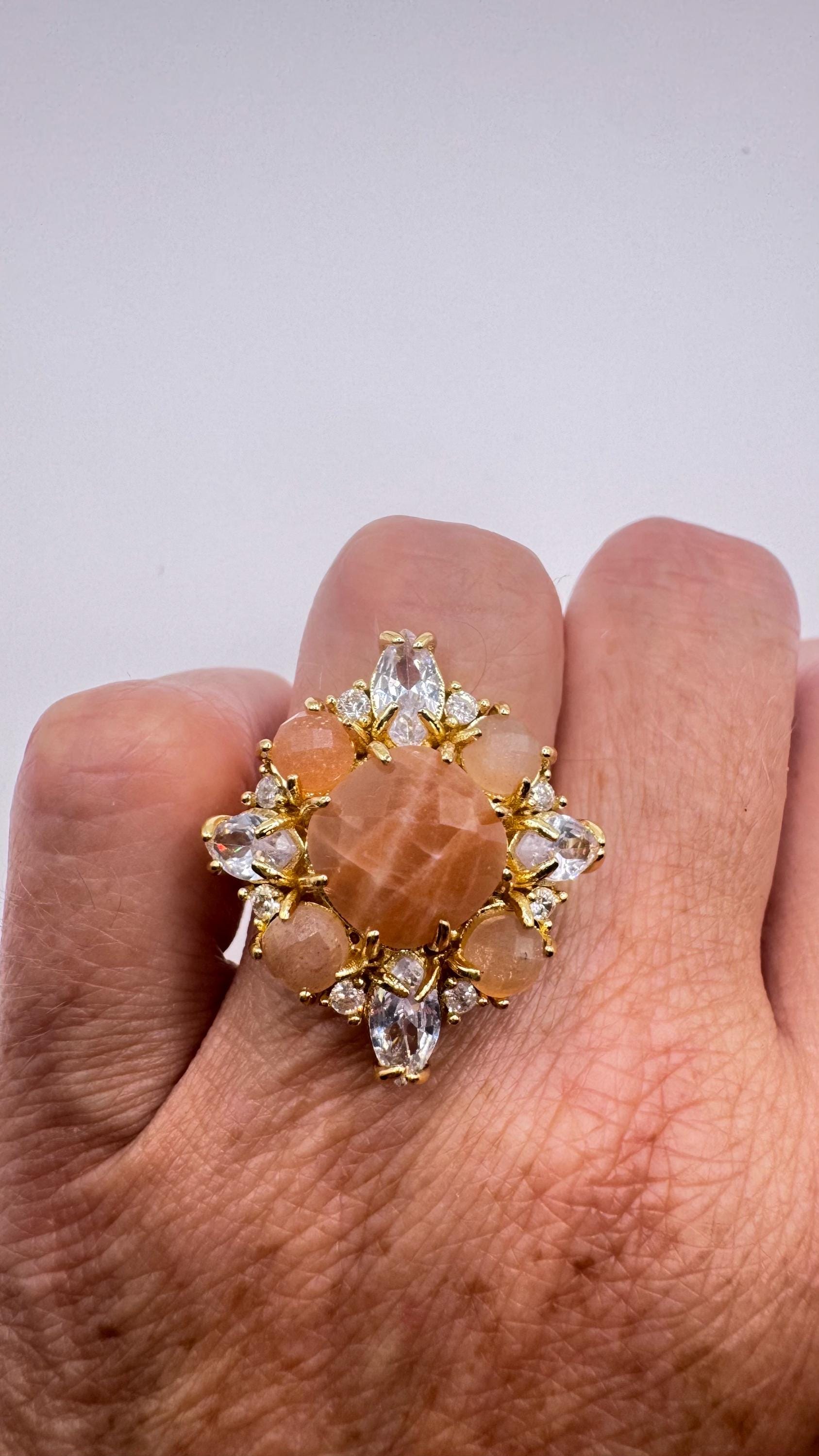 Vintage Genuine Rose Quartz Golden Cocktail Adjustable Ring