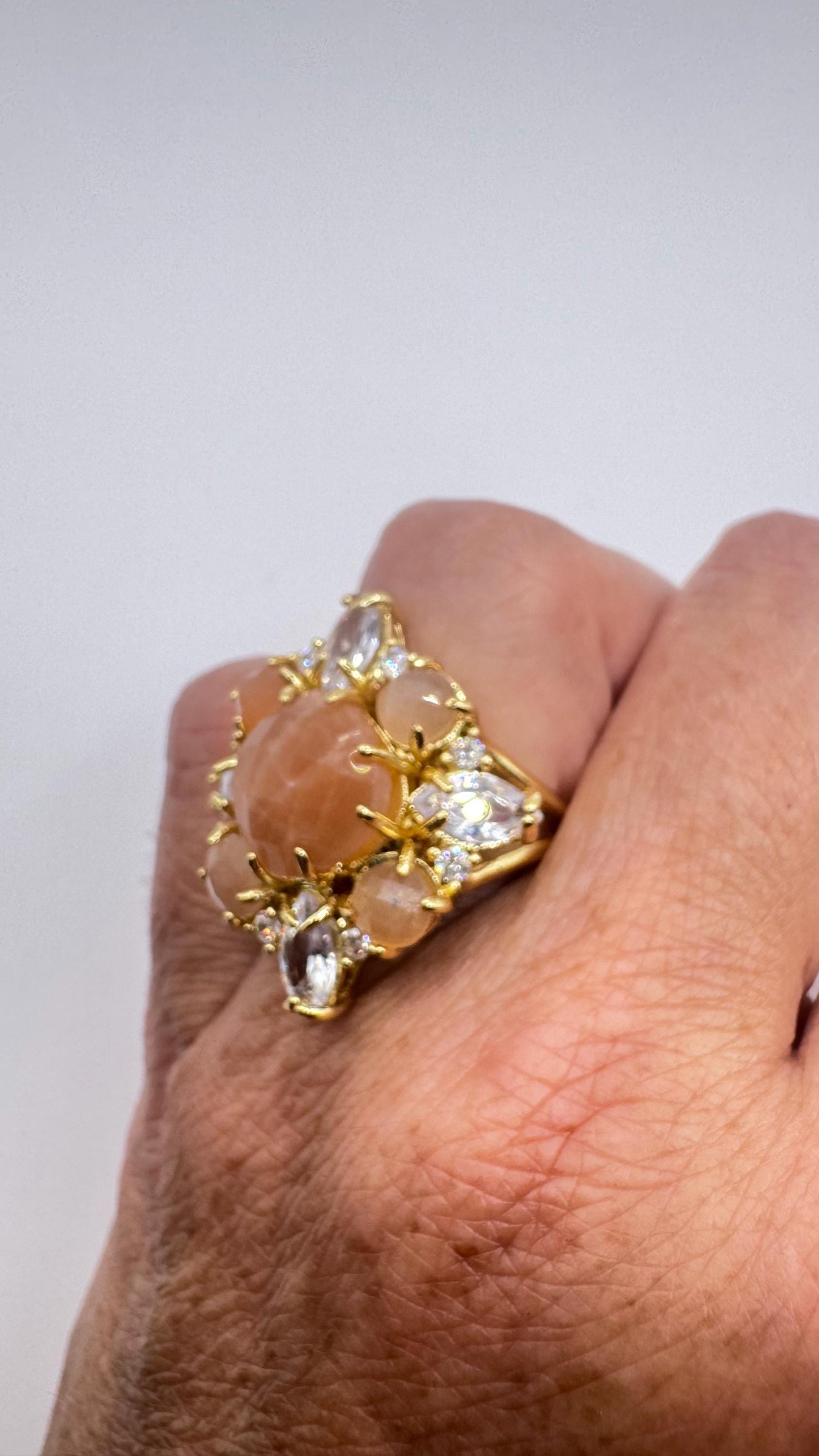 Vintage Genuine Rose Quartz Golden Cocktail Adjustable Ring