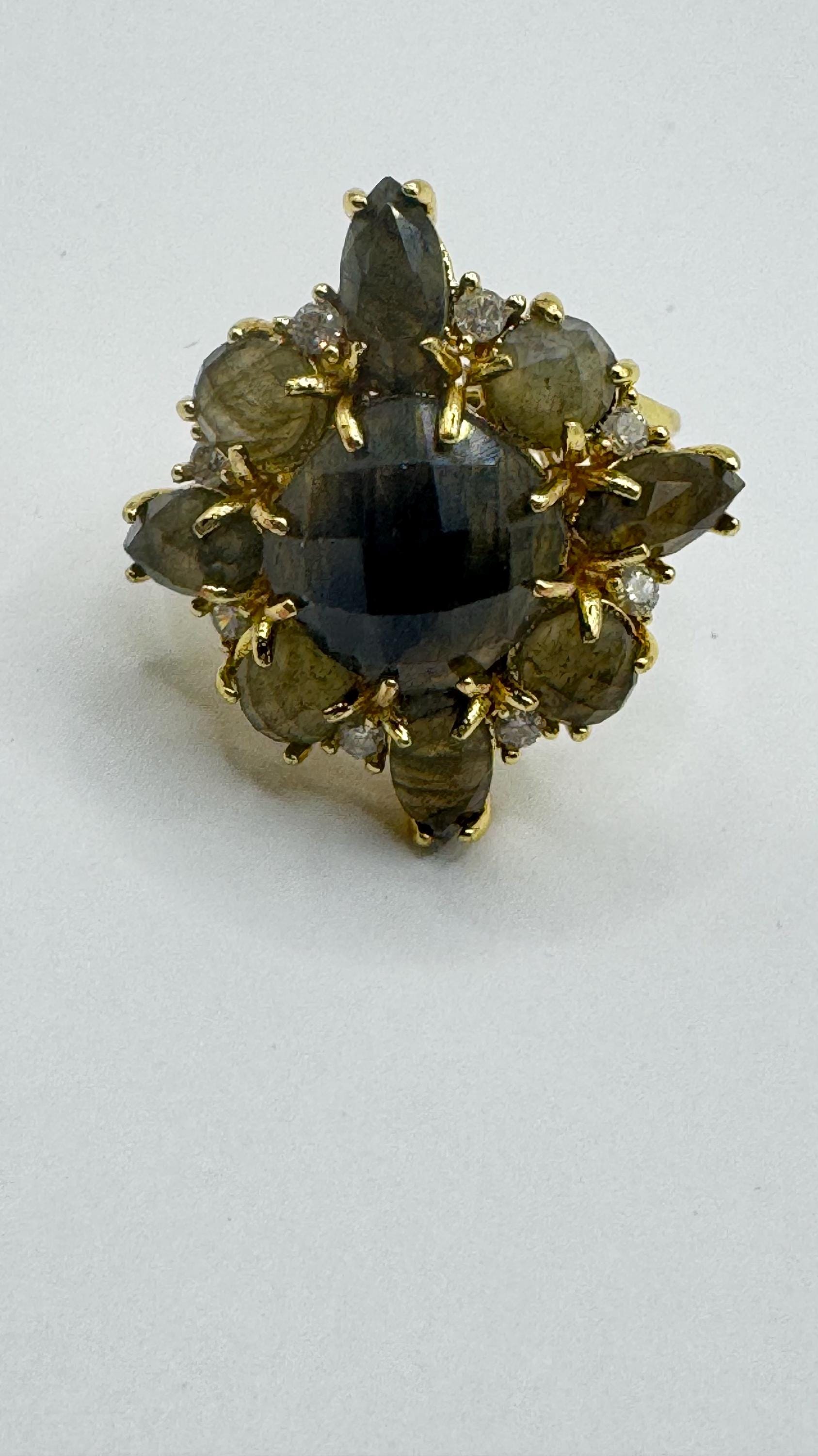 Vintage Large Labradorite Rainbow Moonstone Stone Gold Adjustable Cocktail Ring