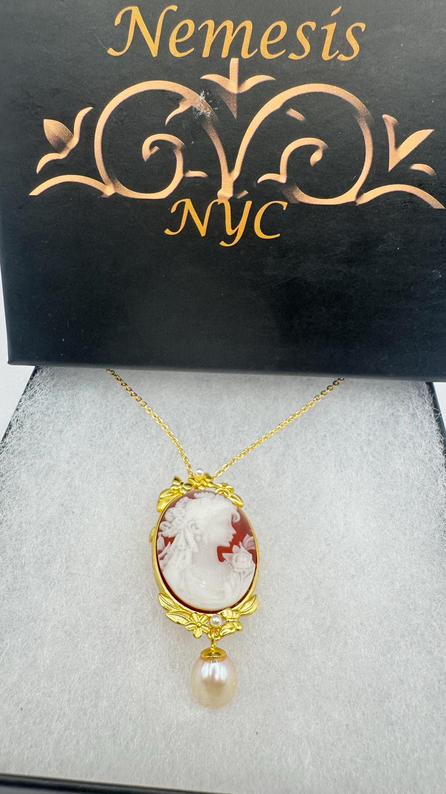 Vintage Shell three graces Cameo Yellow Gold Filled Necklace Choker pin brooch