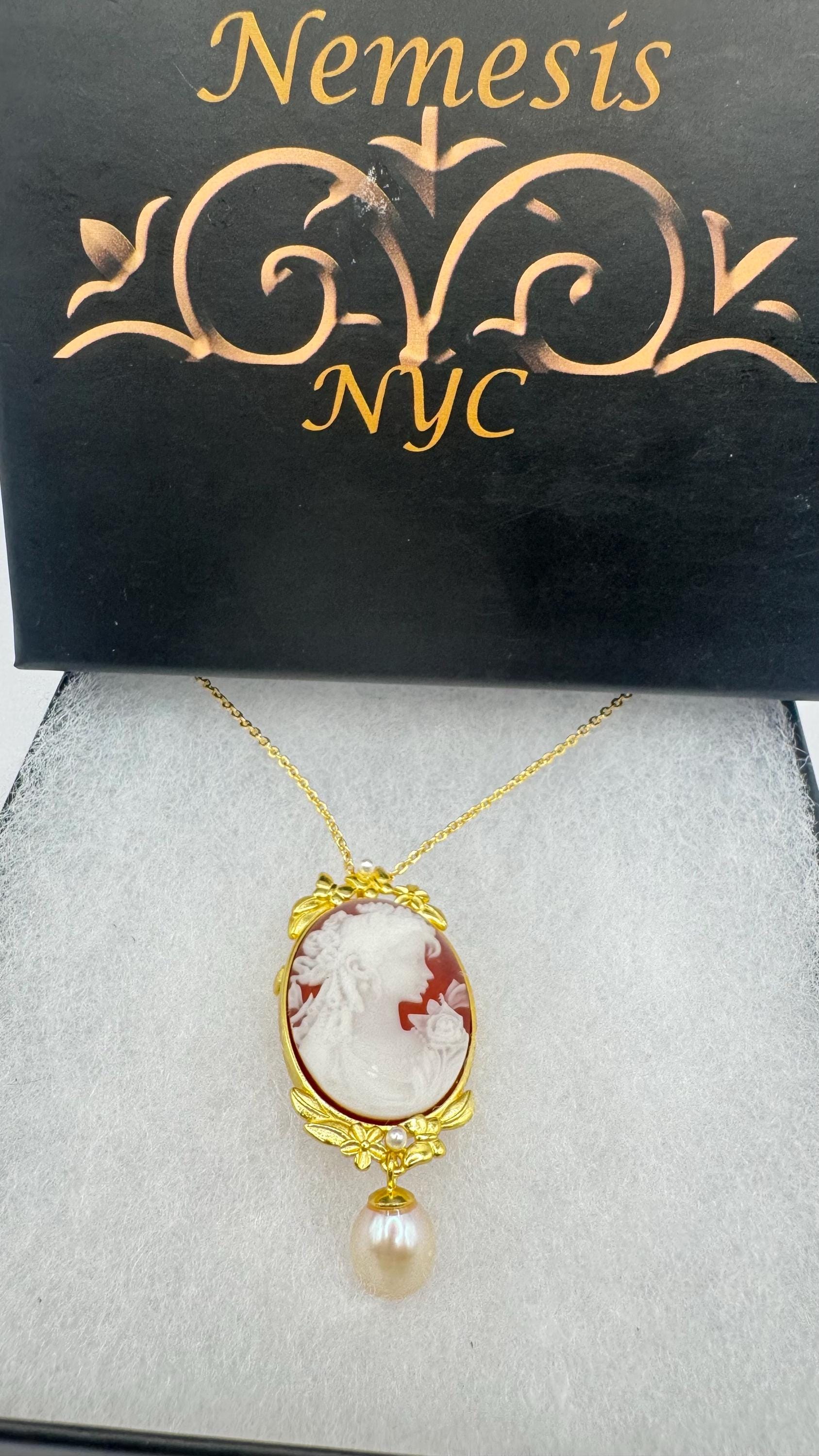 Vintage Shell three graces Cameo Yellow Gold Filled Necklace Choker pin brooch