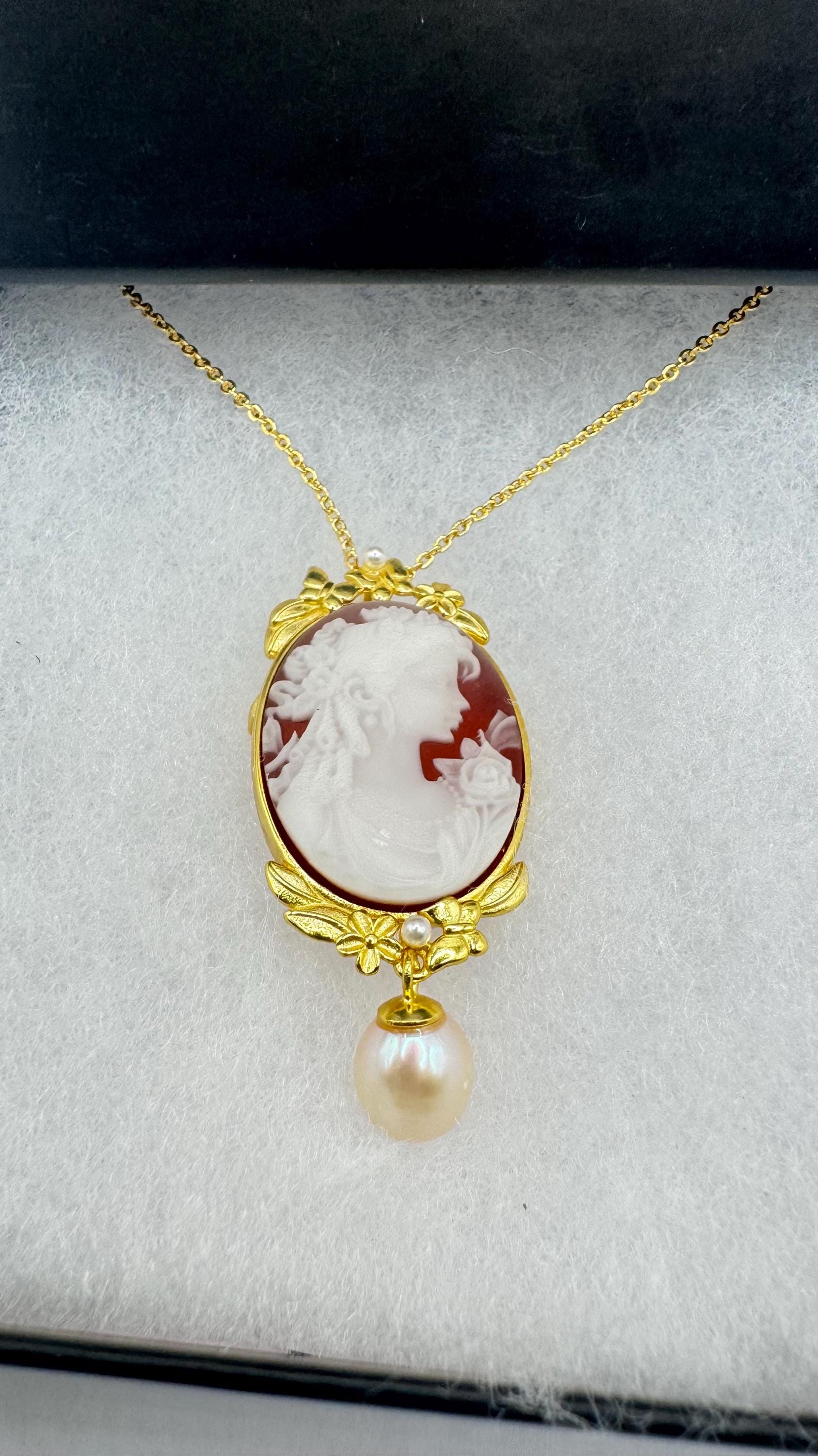 Vintage Shell three graces Cameo Yellow Gold Filled Necklace Choker pin brooch