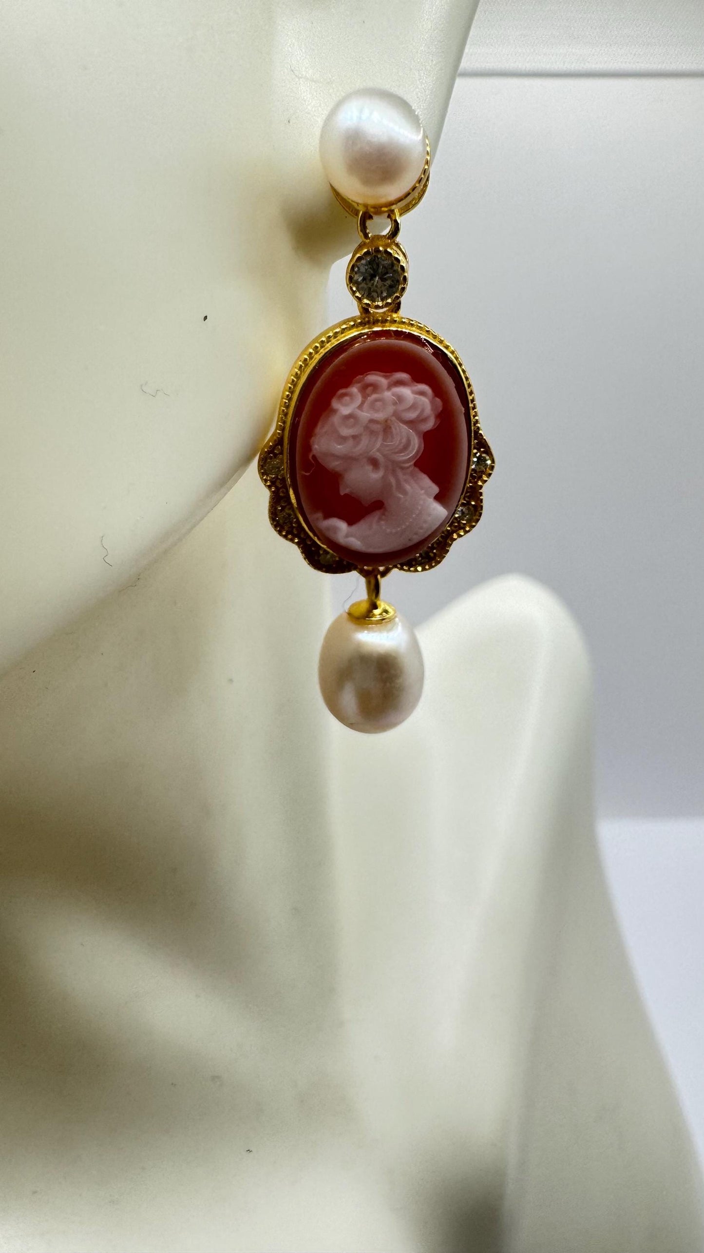 Vintage Cameo Yellow Gold 925 Sterling Silver dangle Earrings