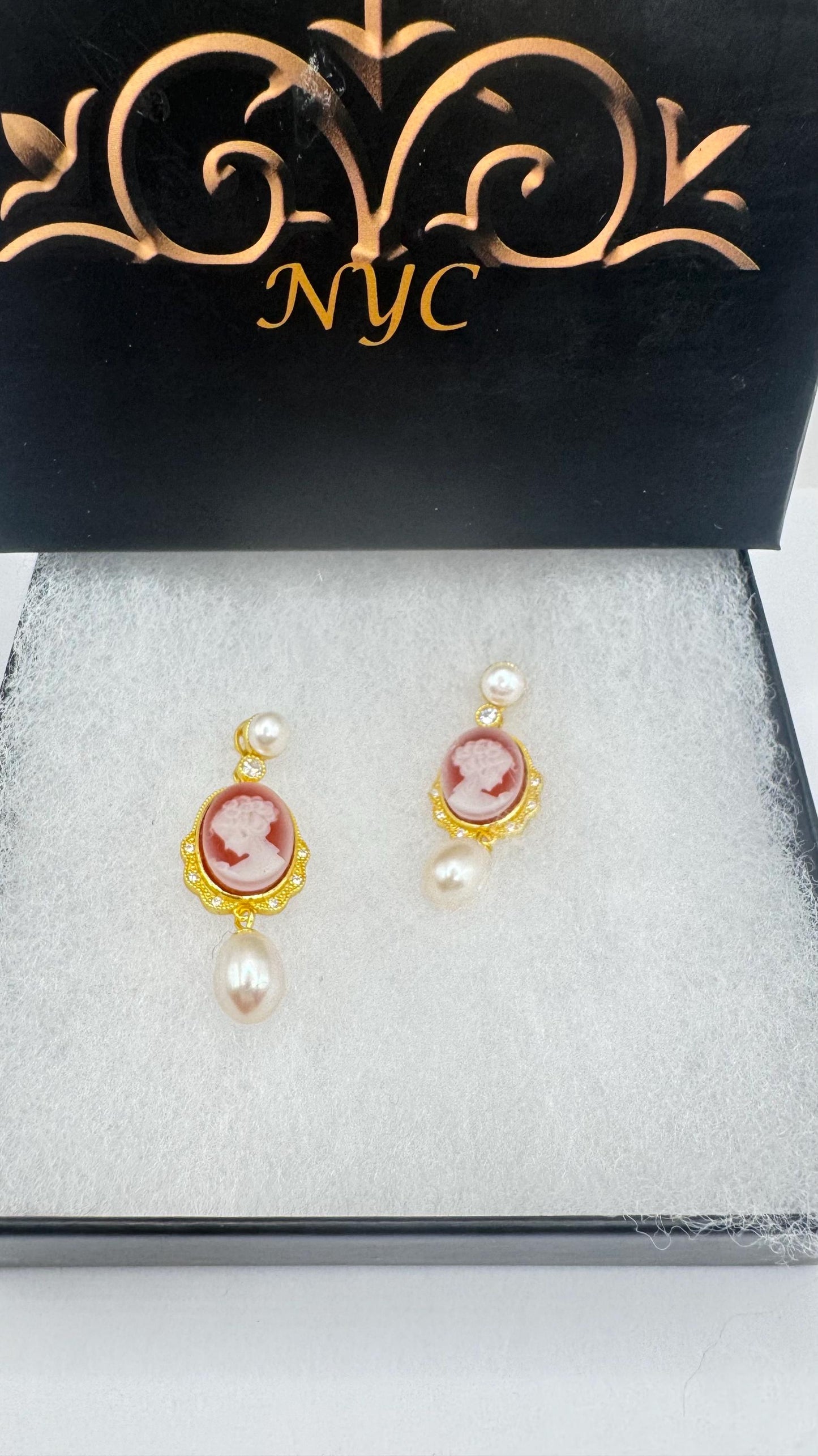 Vintage Cameo Yellow Gold 925 Sterling Silver dangle Earrings