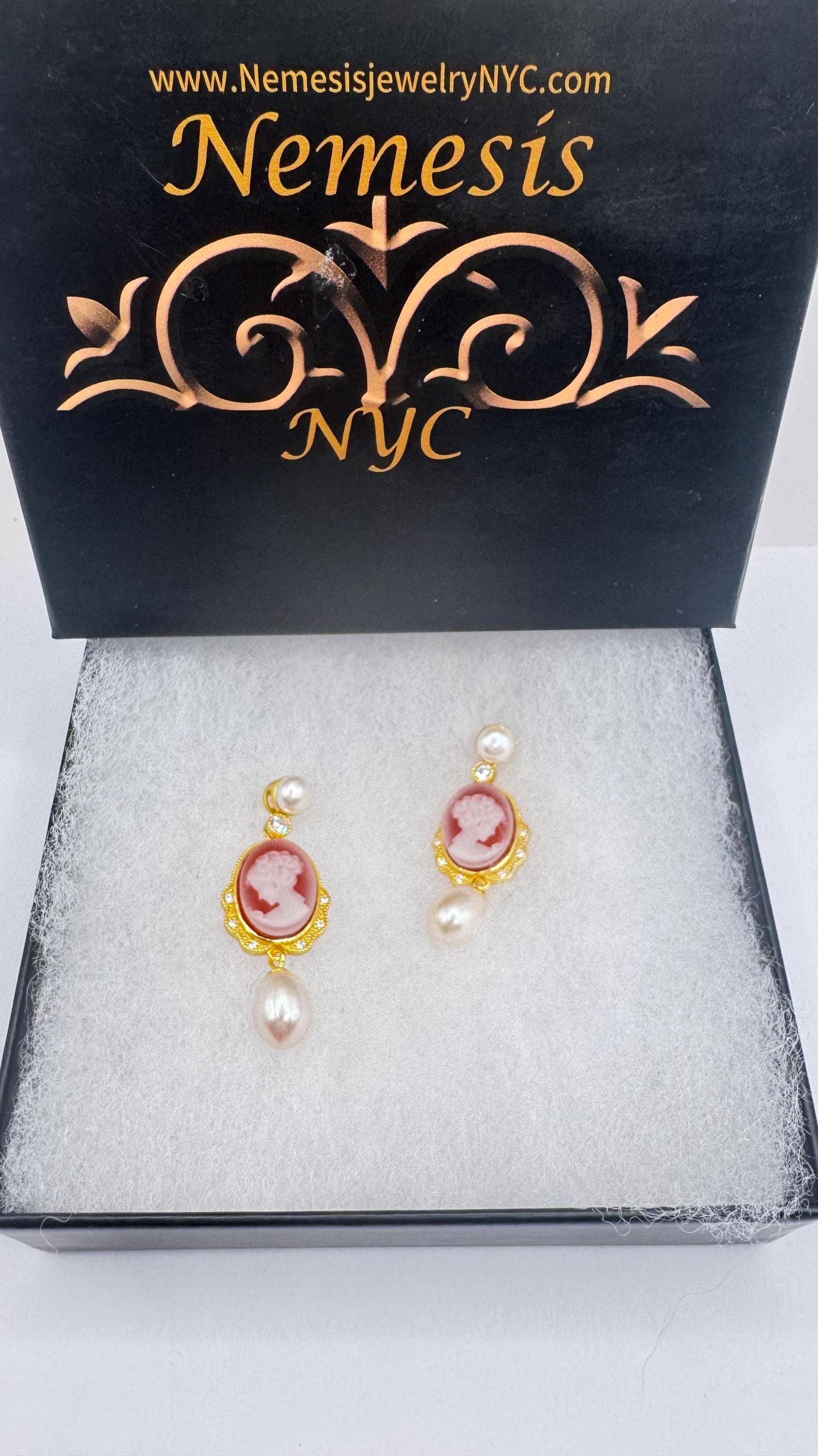 Vintage Cameo Yellow Gold 925 Sterling Silver dangle Earrings