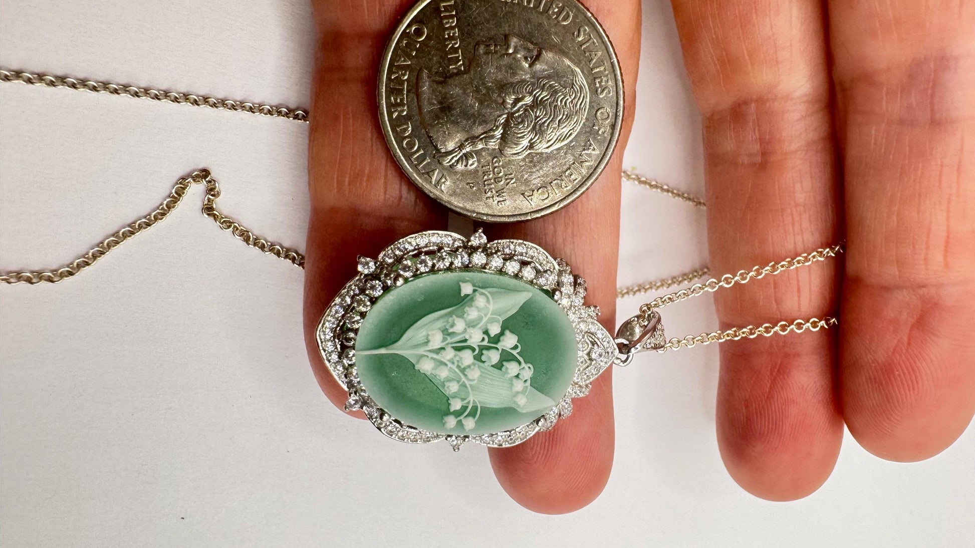 Vintage Carved Cameo Lily of the Valley 925 Sterling Silver Necklace Choker