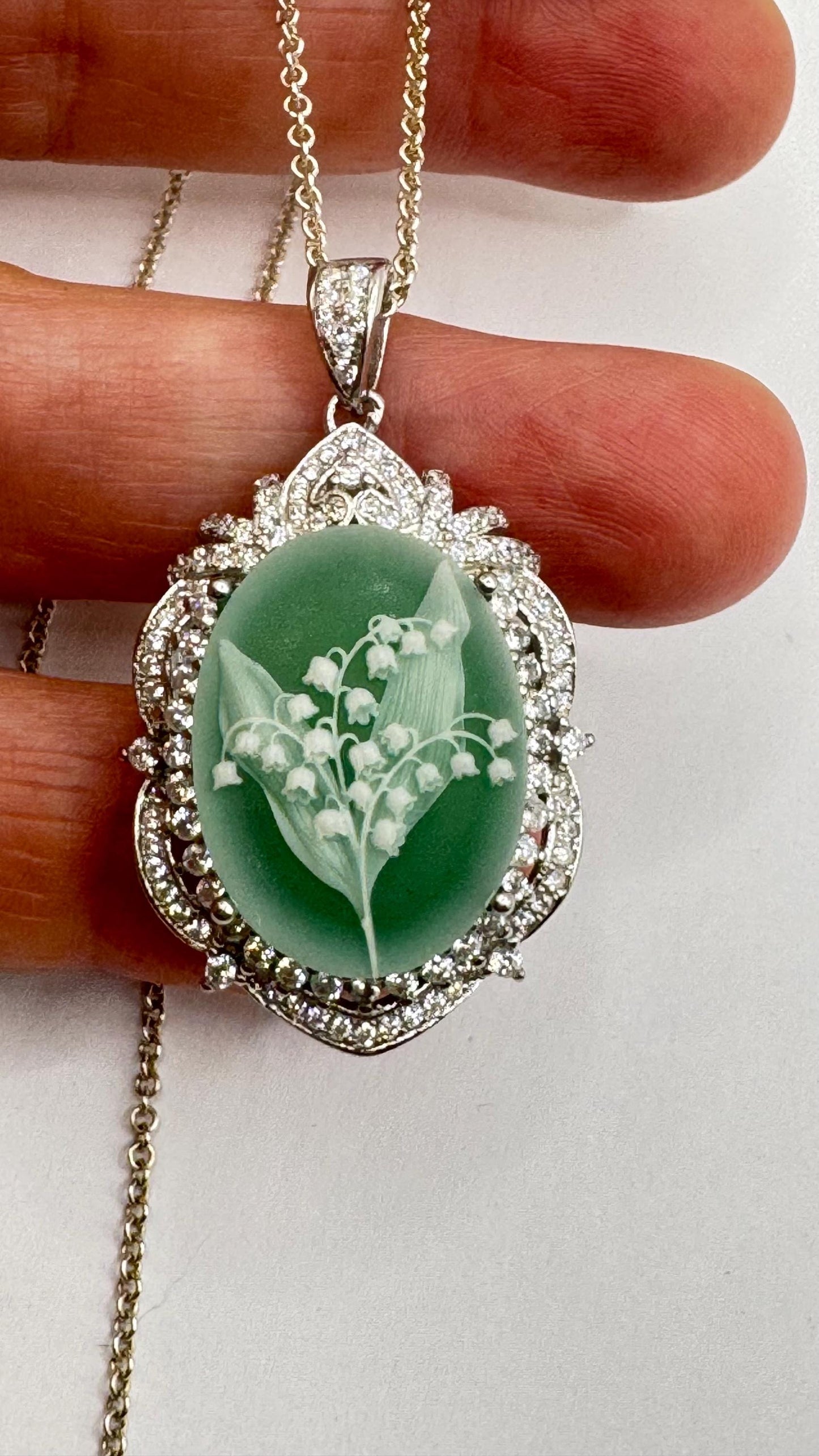 Vintage Carved Cameo Lily of the Valley 925 Sterling Silver Necklace Choker