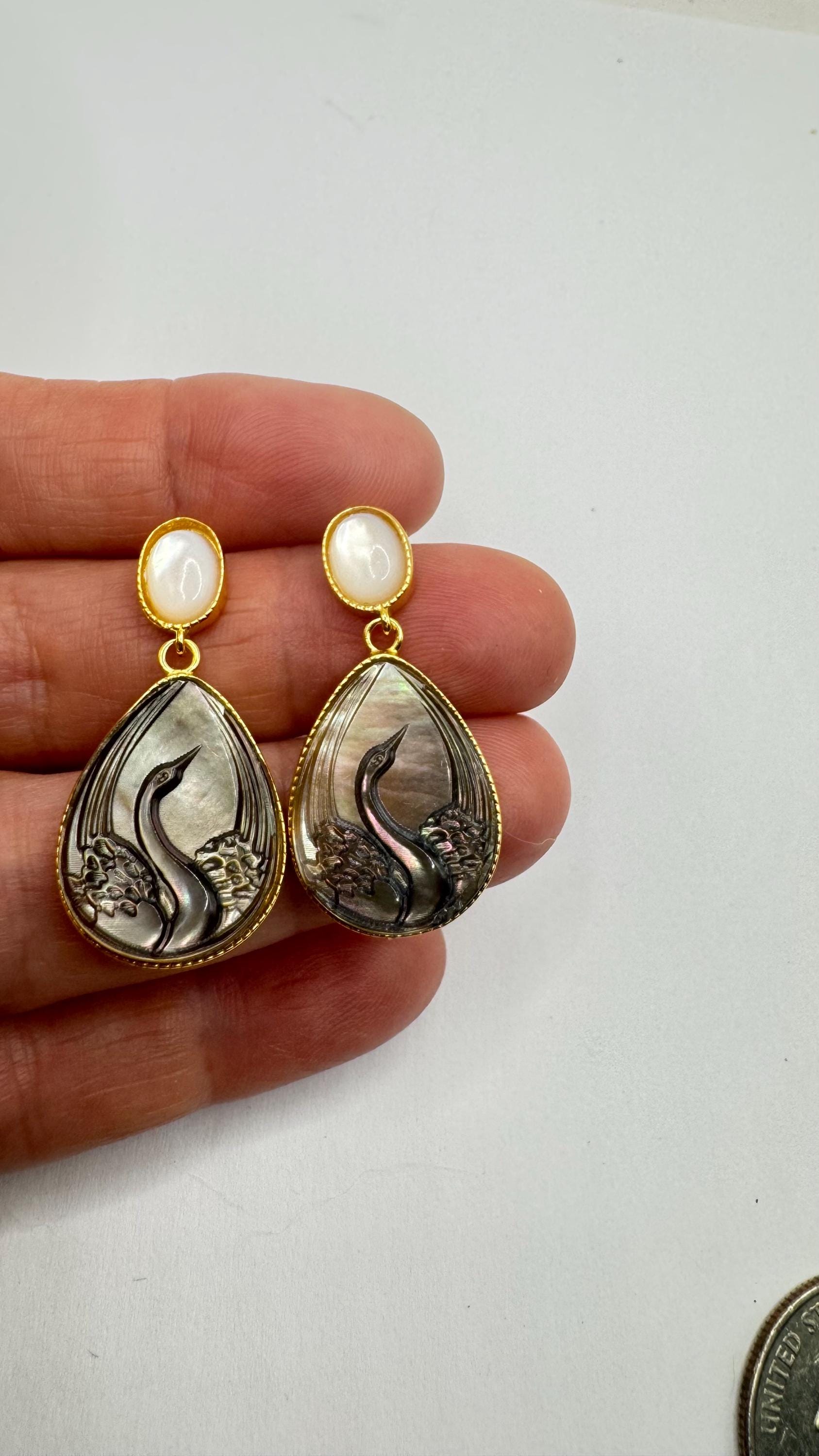 Vintage Carved Swan Cameo Carved 925 Sterling Silver Rainbow Abalone Chandelier Drop Earrings