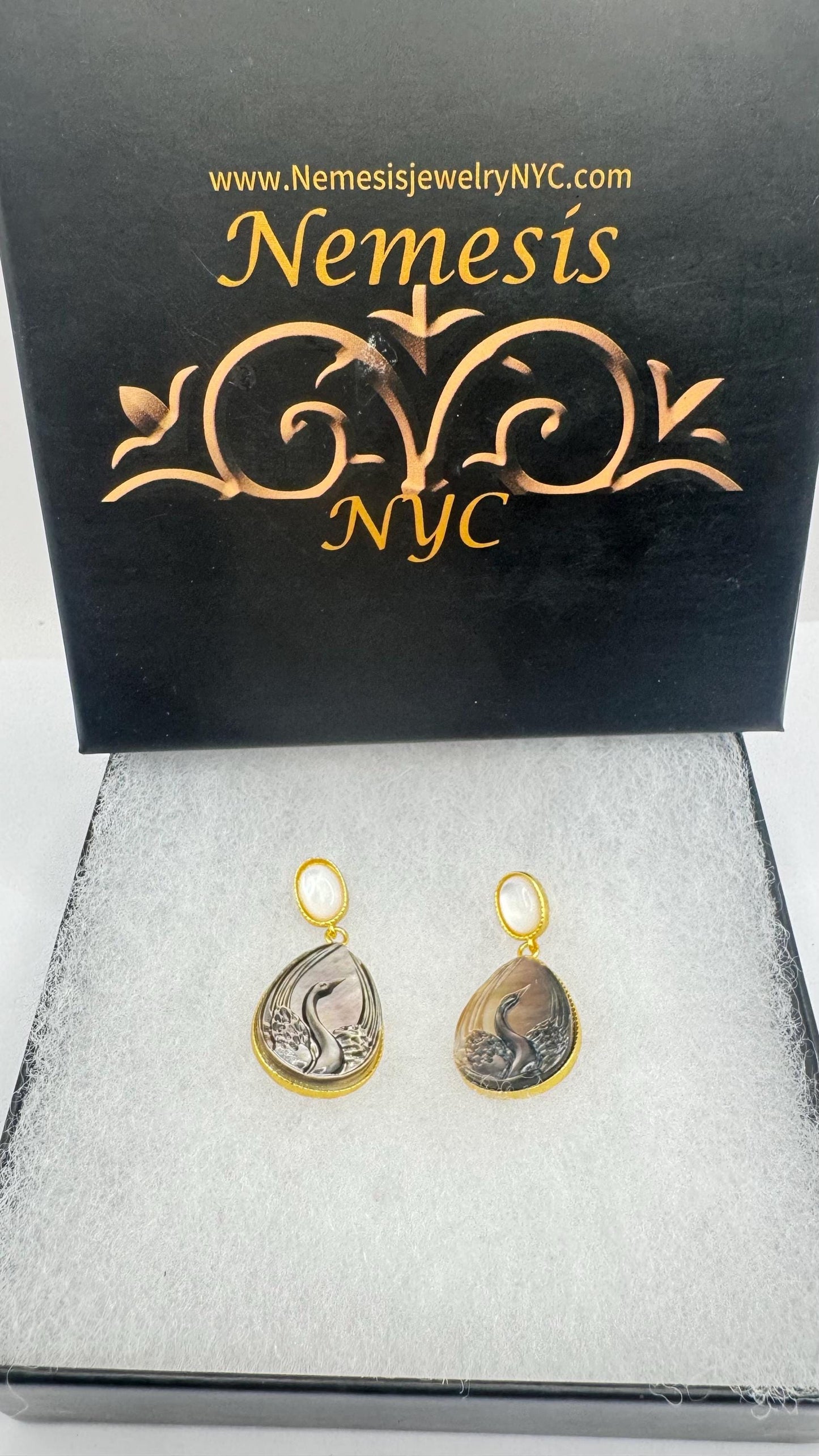 Vintage Carved Swan Cameo Carved 925 Sterling Silver Rainbow Abalone Chandelier Drop Earrings