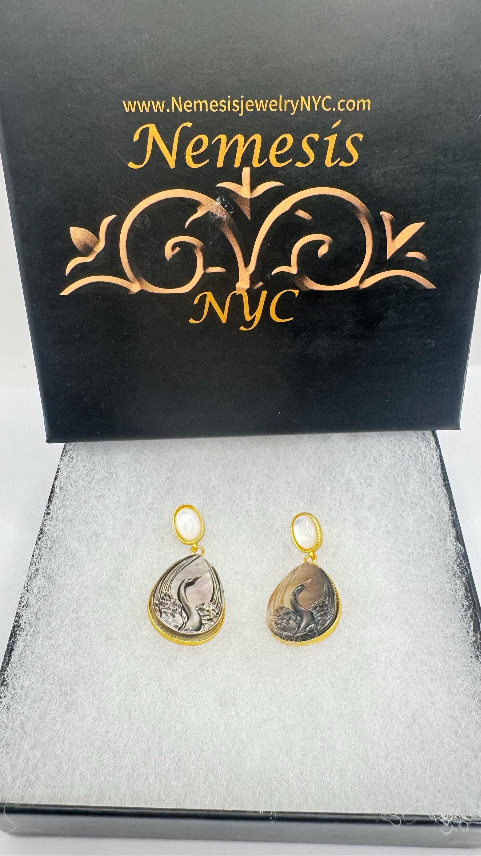 Vintage Carved Swan Cameo Carved 925 Sterling Silver Rainbow Abalone Chandelier Drop Earrings