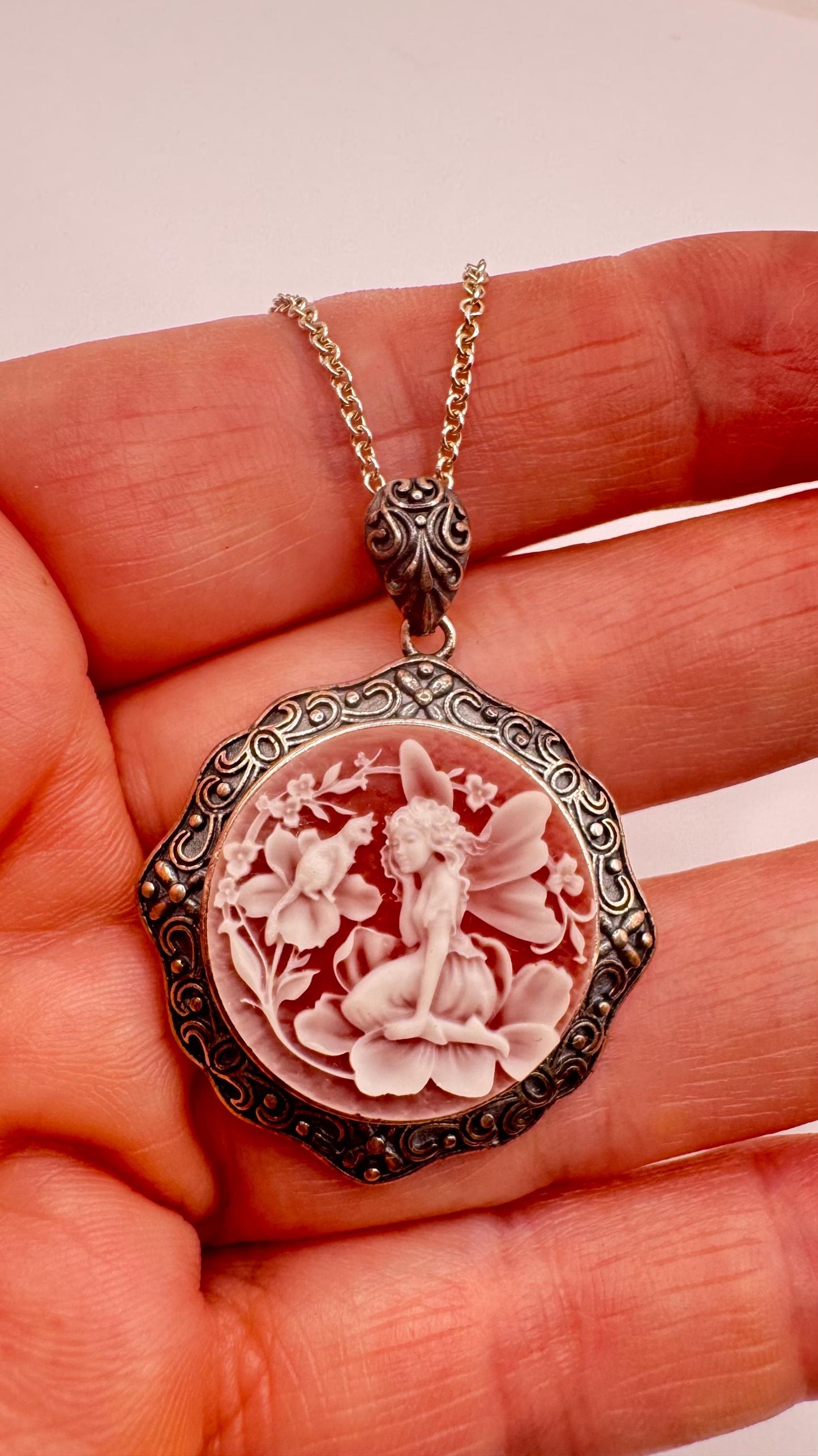 Vintage Carved Cameo Fairy Sprite on Flowers 925 Sterling Silver Necklace Choker