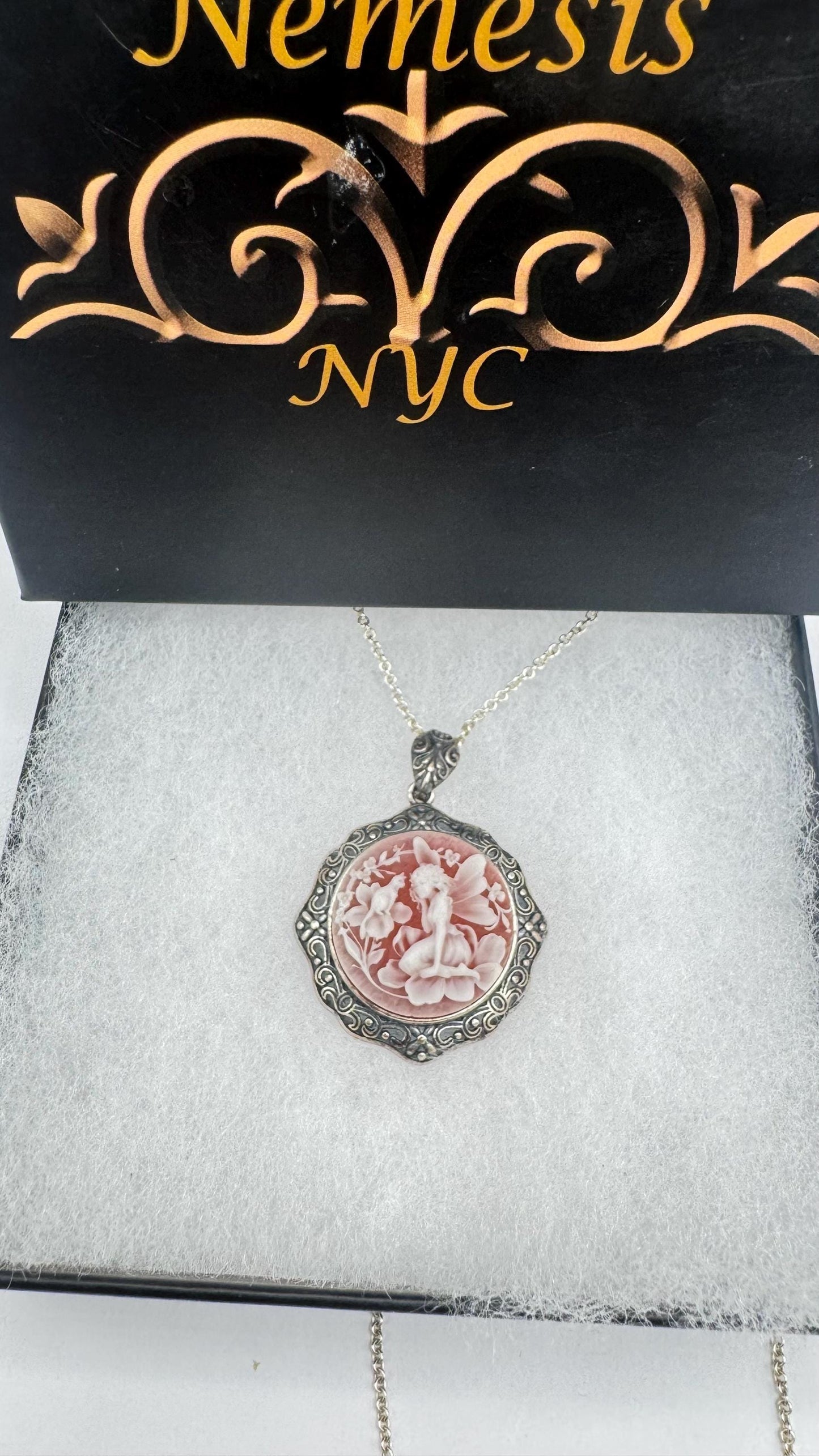 Vintage Carved Cameo Fairy Sprite on Flowers 925 Sterling Silver Necklace Choker