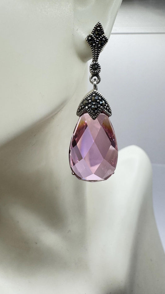 Vintage Earrings Marcasite Pink Ice 925 Sterling Silver Deco Chandelier Dangle