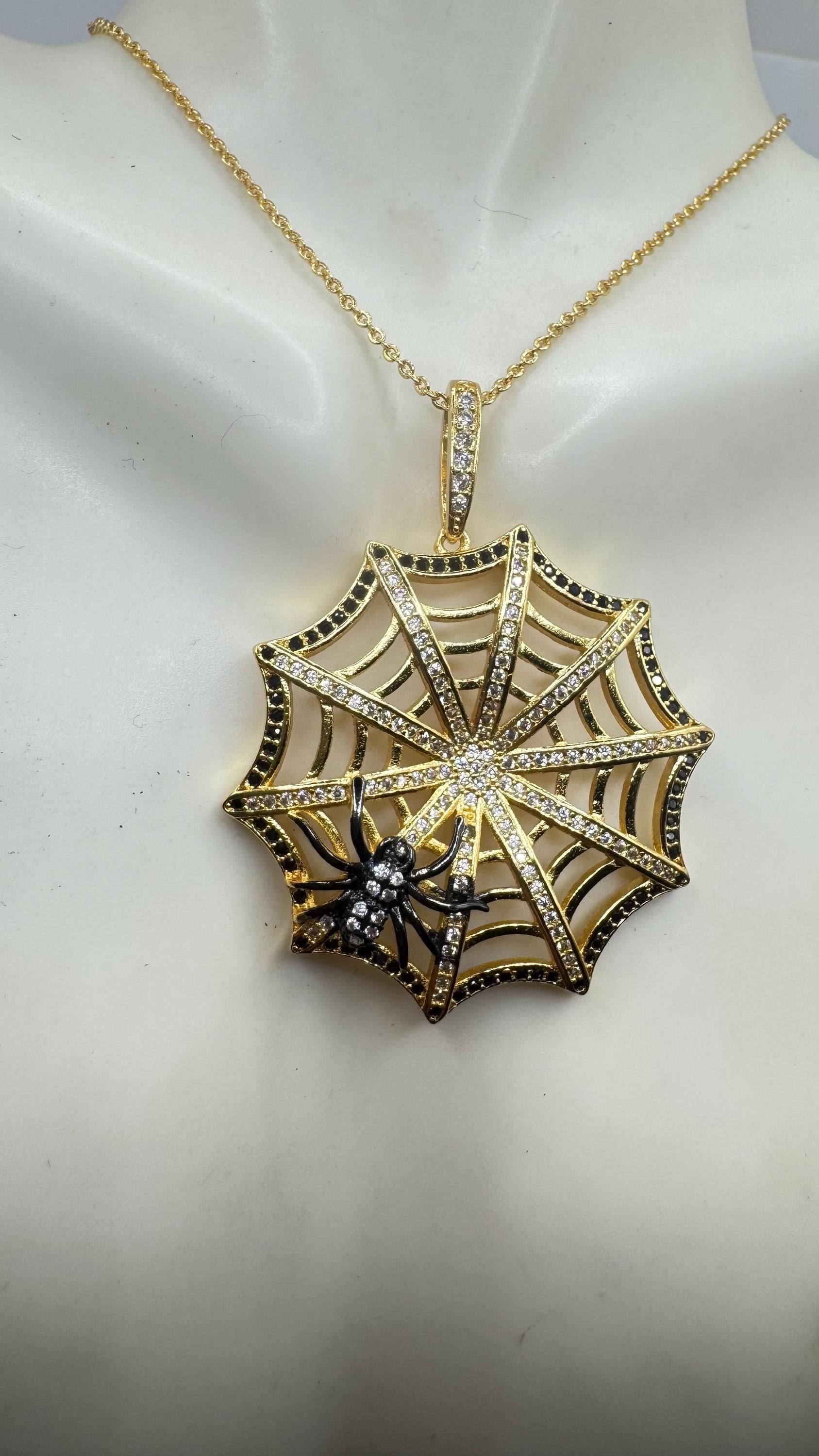 Vintage Handmade spider web Amulet Gold White Bronze Pendant