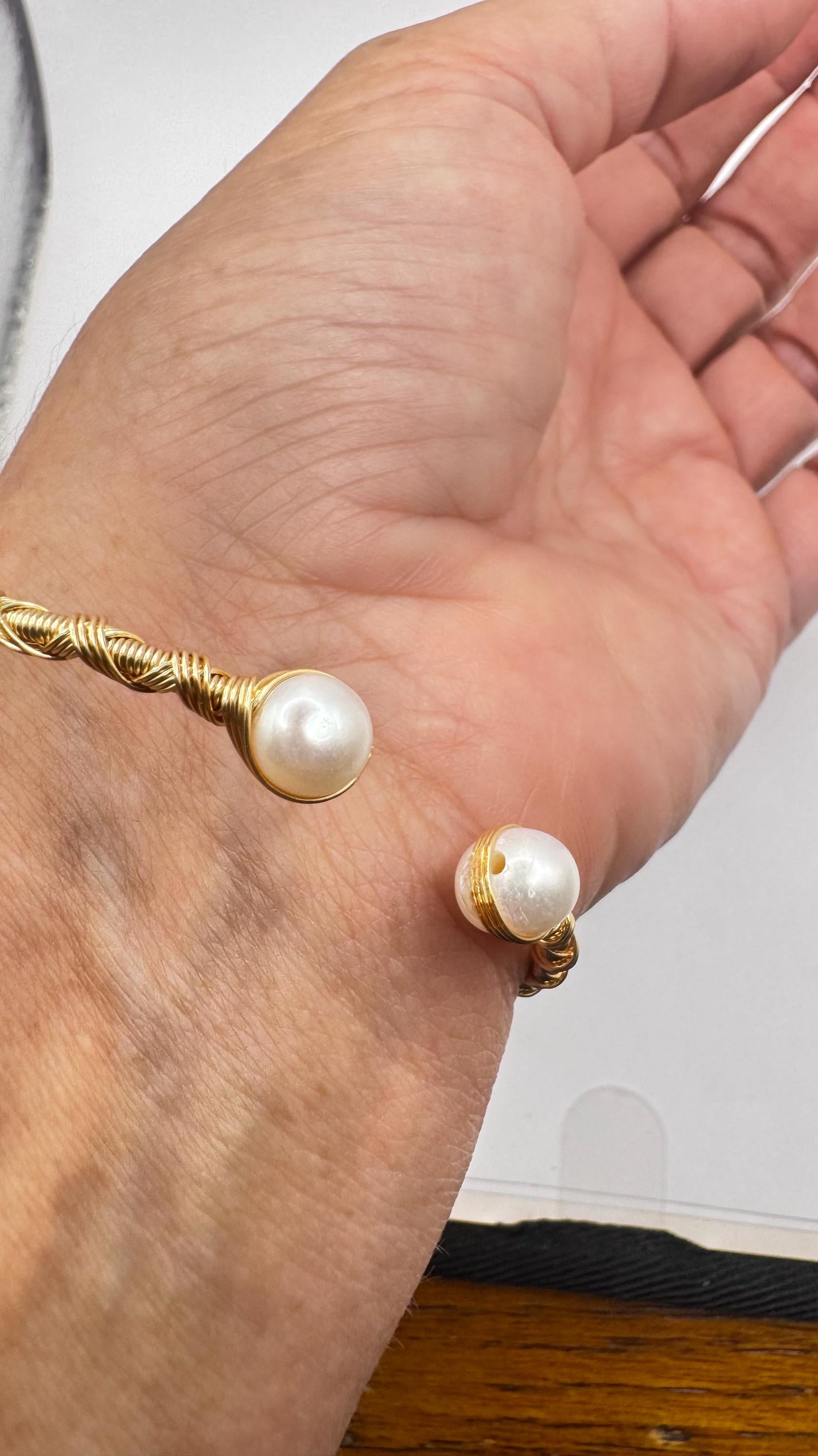 Vintage Pearl Cuff Bangle Bracelet Gold 925 Sterling Silver Hand Made
