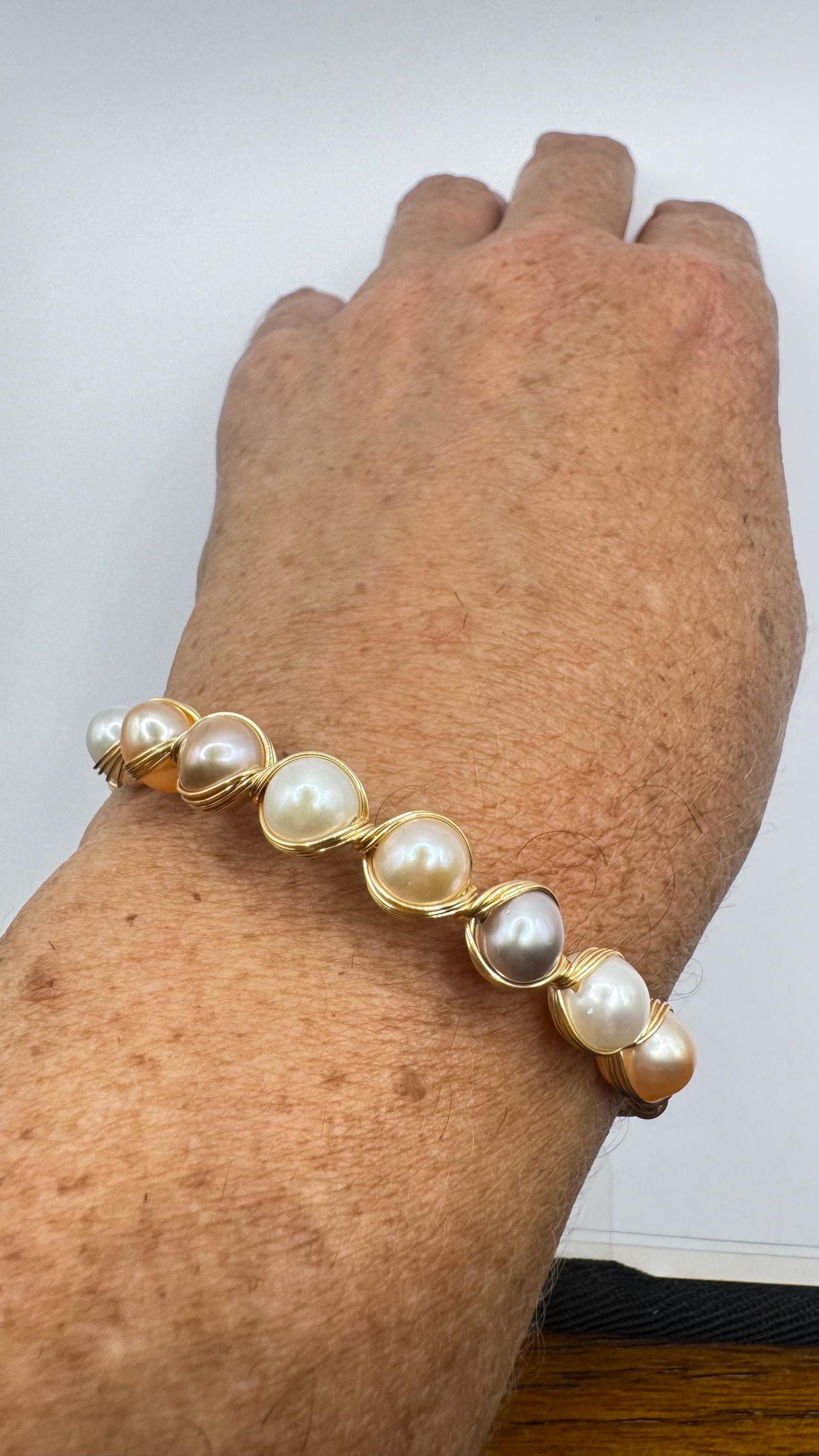 Vintage Pearl Cuff Bangle Bracelet Gold 925 Sterling Silver Hand Made