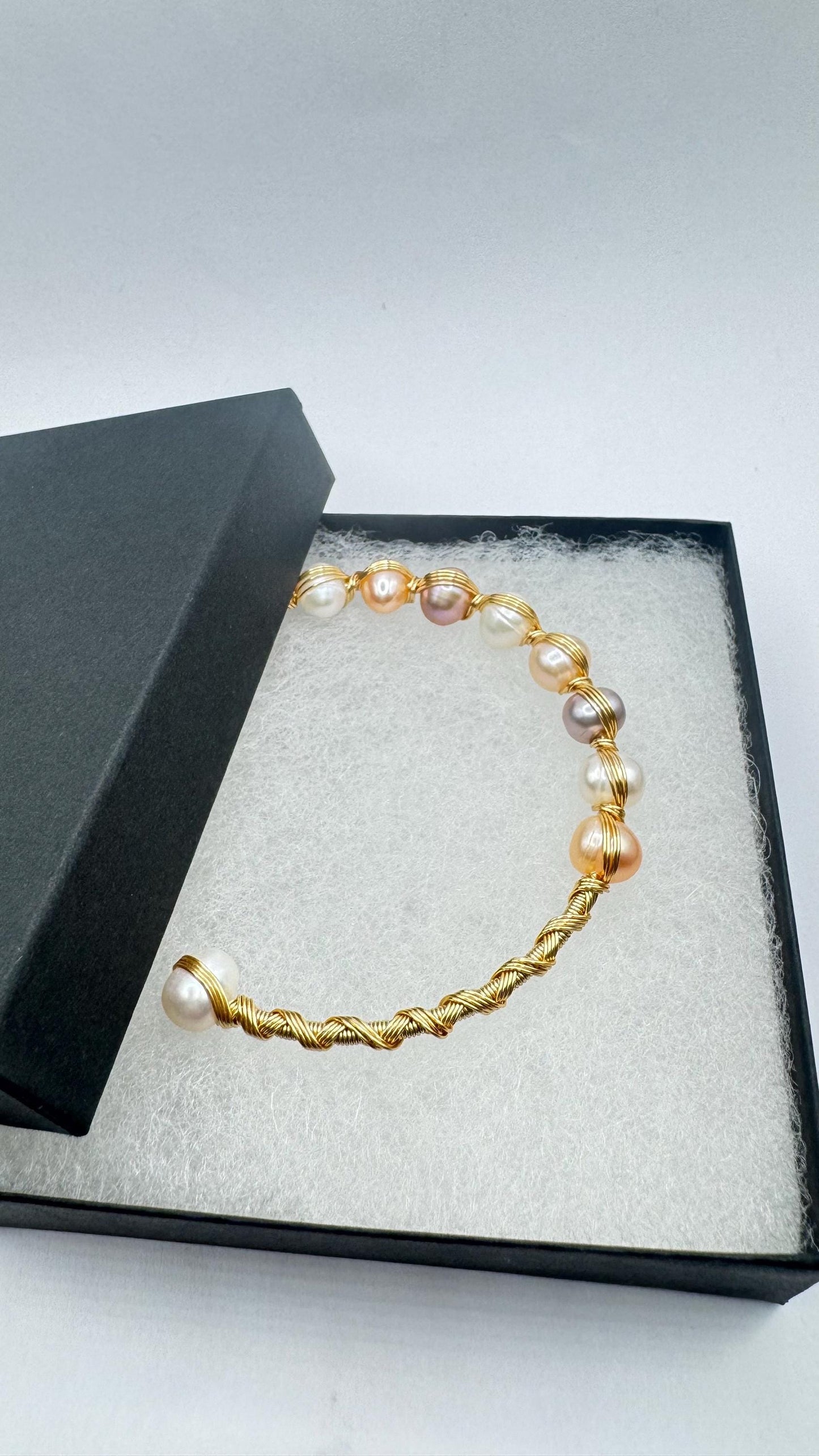 Vintage Pearl Cuff Bangle Bracelet Gold 925 Sterling Silver Hand Made