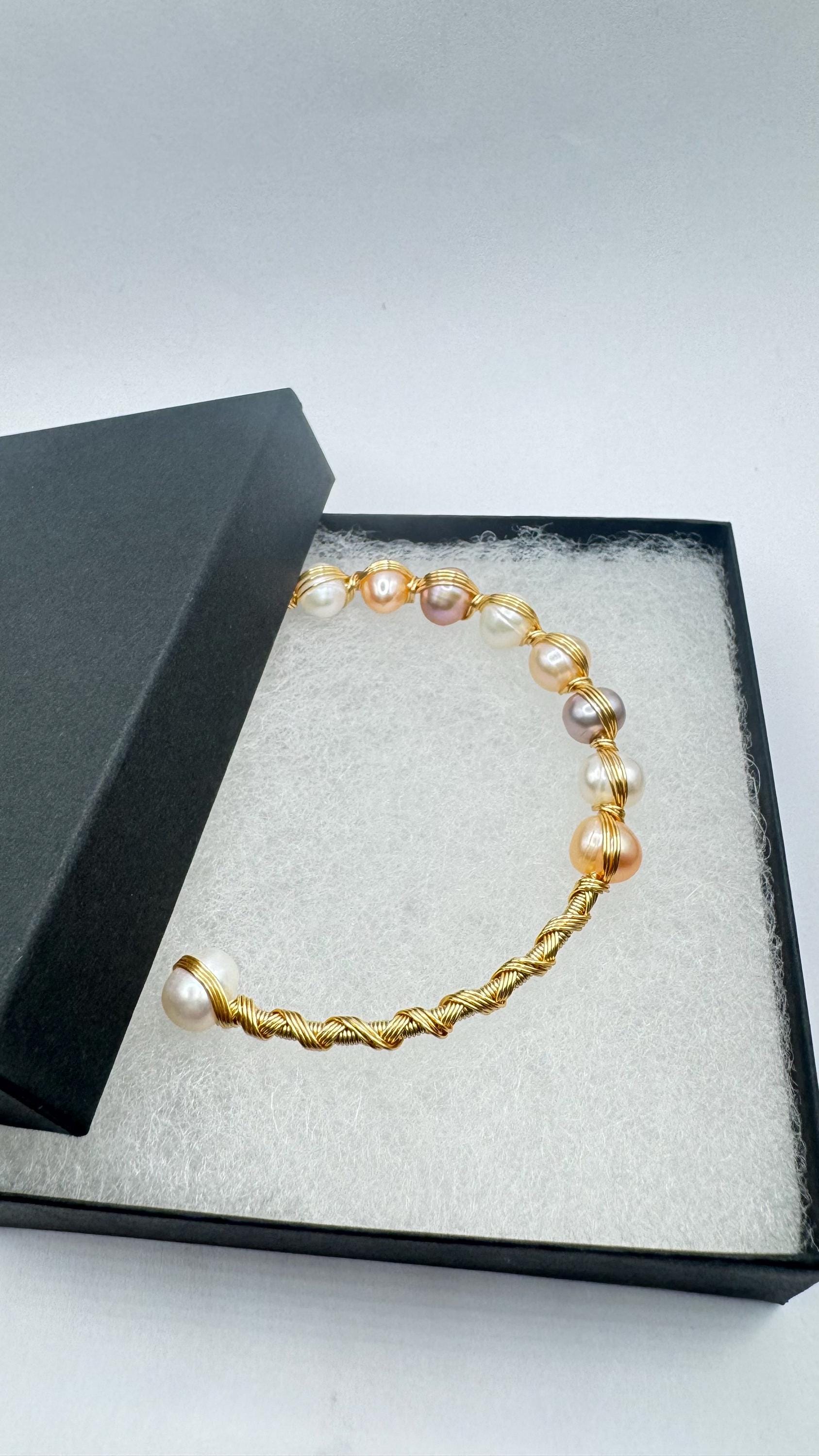 Vintage Pearl Cuff Bangle Bracelet Gold 925 Sterling Silver Hand Made