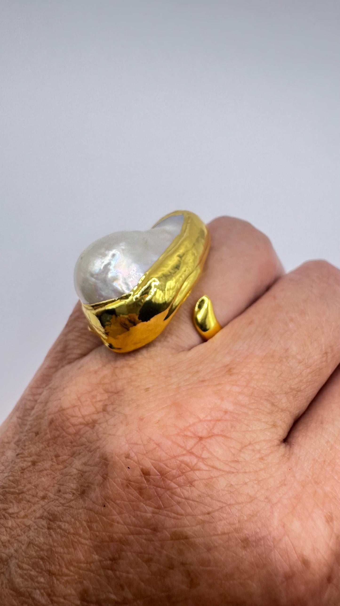 Vintage Biwa Pearl Ring Golden 925 Sterling Silver Cocktail Statement Adjustable