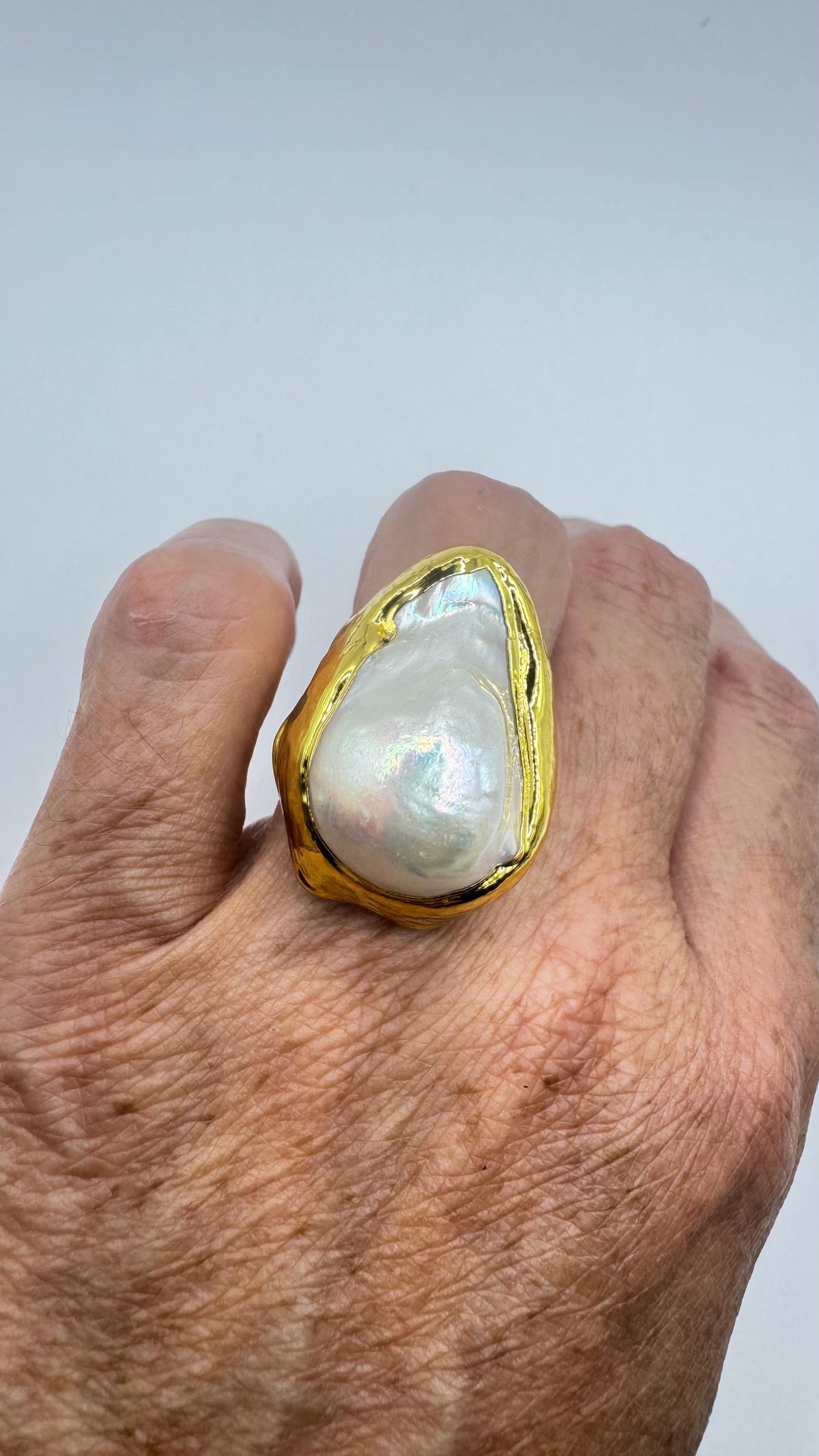 Vintage Biwa Pearl Ring Golden 925 Sterling Silver Cocktail Statement Adjustable