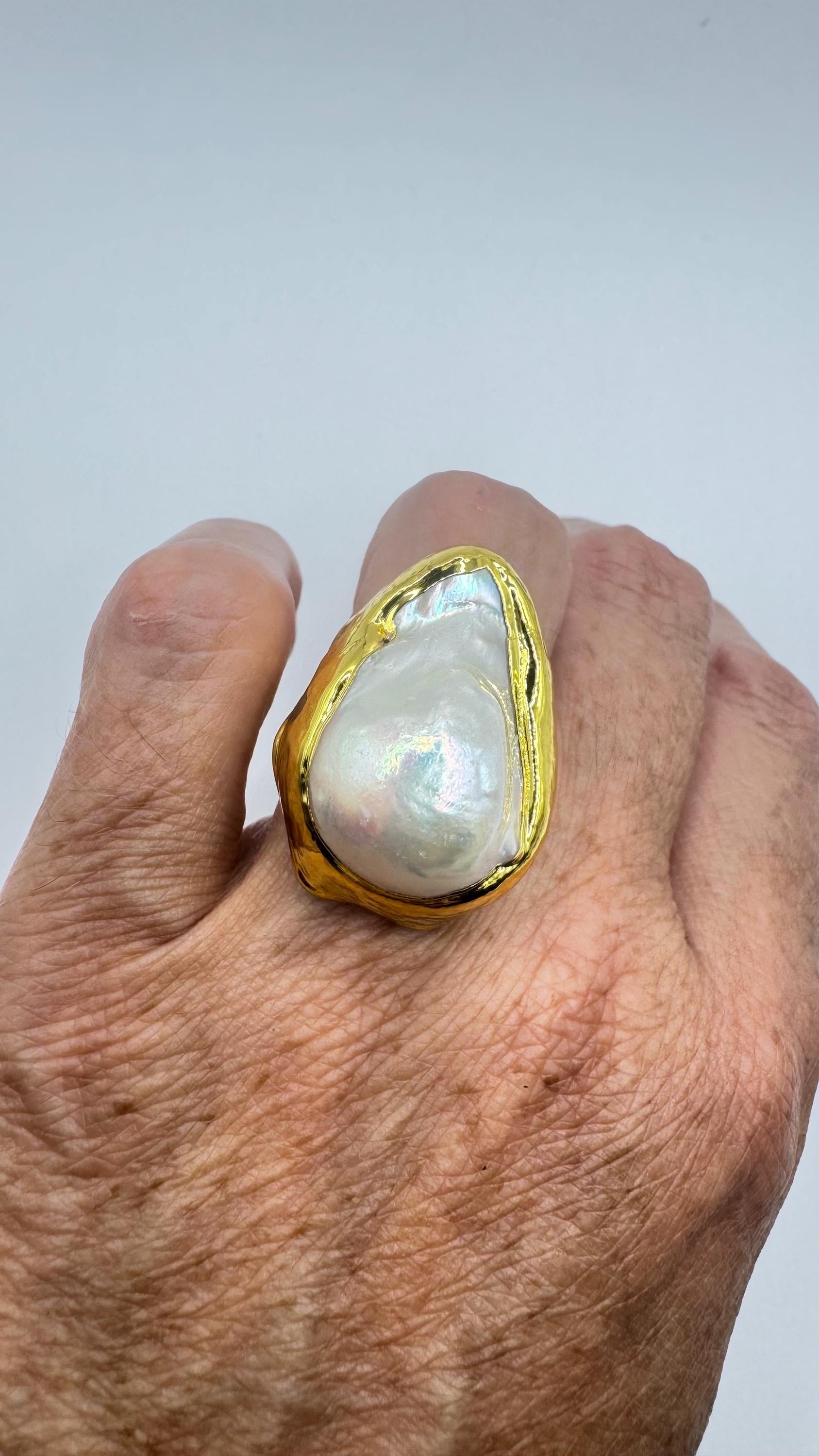 Vintage Biwa Pearl Ring Golden 925 Sterling Silver Cocktail Statement Adjustable