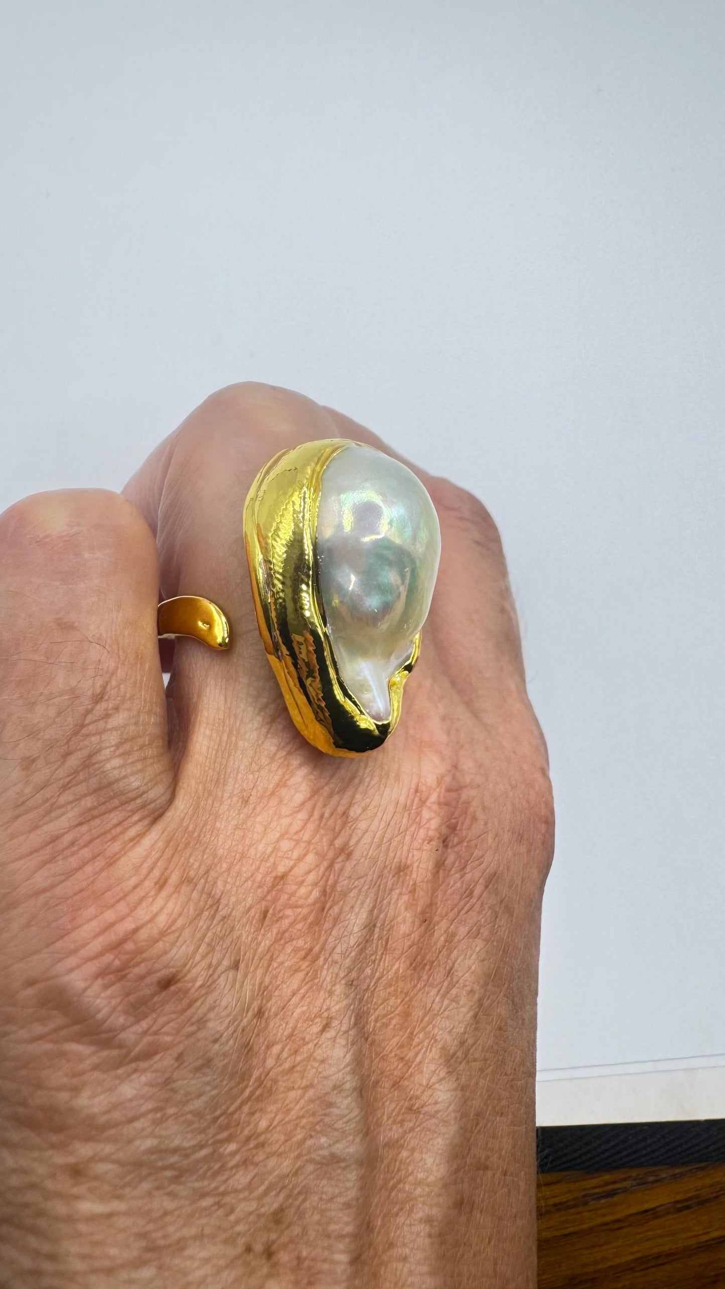 Vintage Biwa Pearl Ring Golden 925 Sterling Silver Cocktail Statement Adjustable