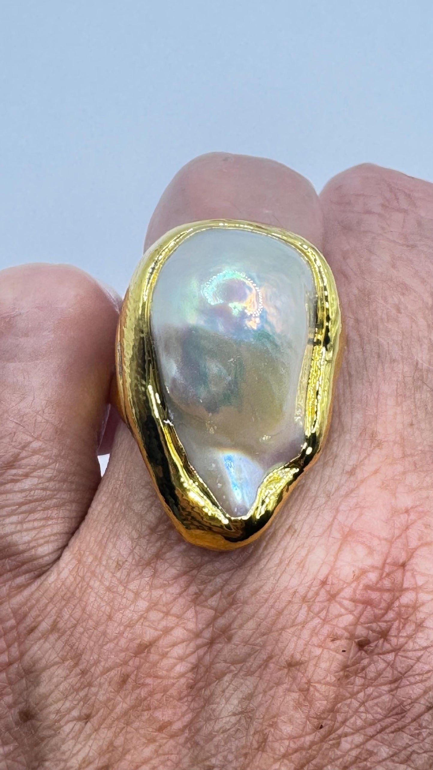 Vintage Biwa Pearl Ring Golden 925 Sterling Silver Cocktail Statement Adjustable