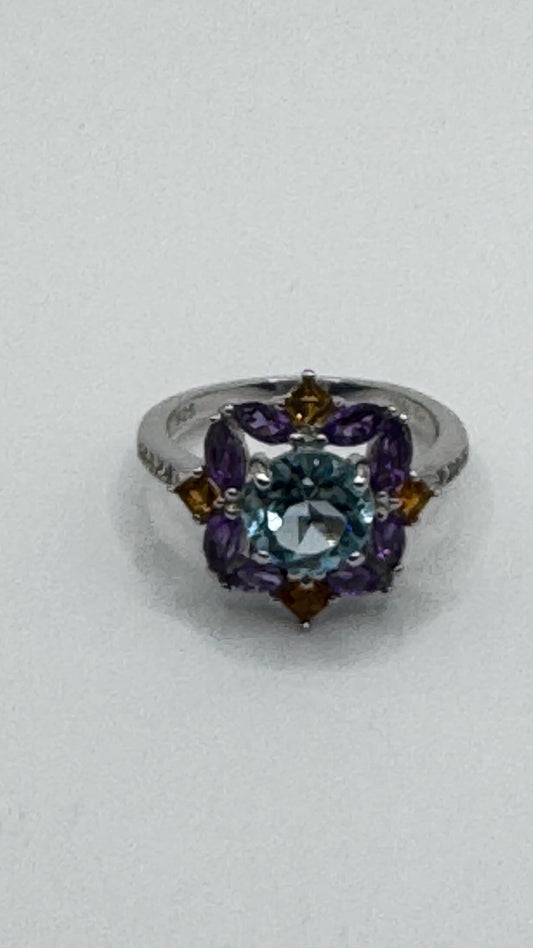 Vintage Blue Topaz and Amethyst Ring 925 Sterling Silver Gothic Cocktail
