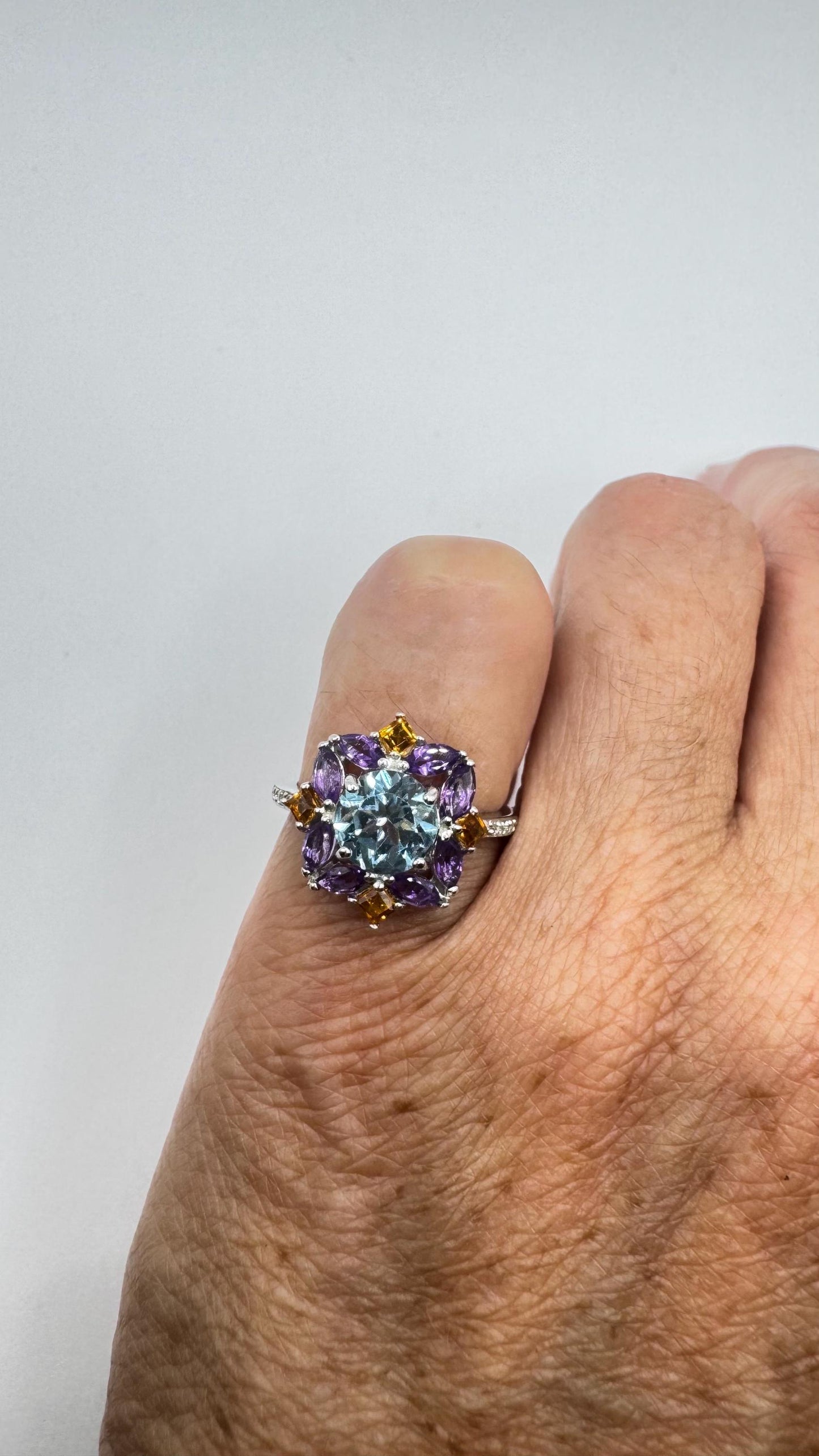 Vintage Blue Topaz and Amethyst Ring 925 Sterling Silver Gothic Cocktail