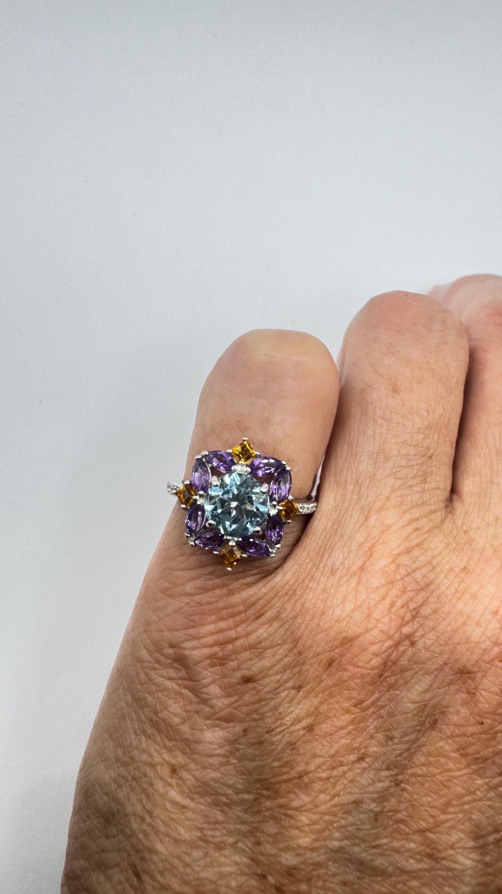 Vintage Blue Topaz and Amethyst Ring 925 Sterling Silver Gothic Cocktail