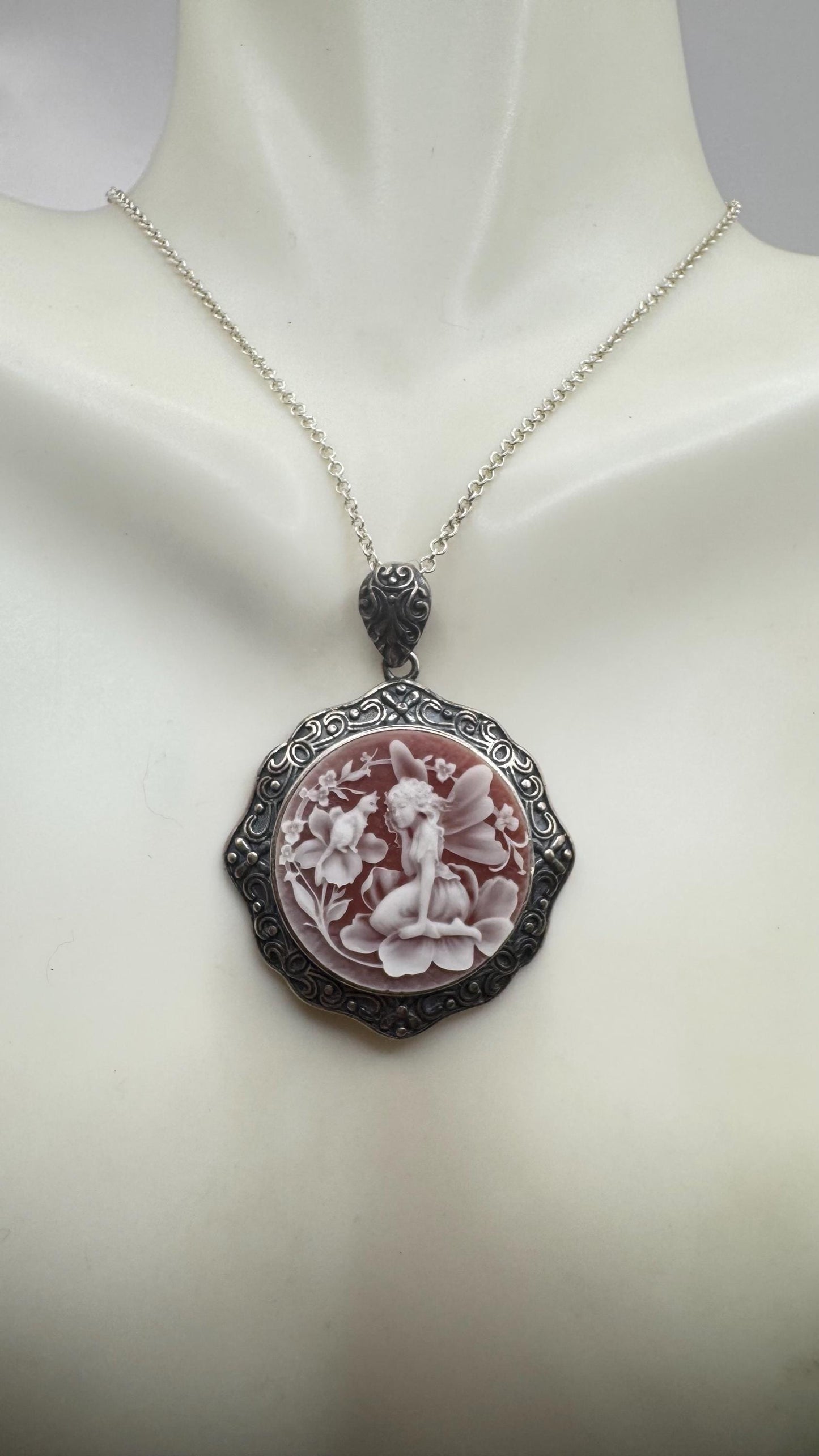 Vintage Carved Cameo Fairy Sprite on Flowers 925 Sterling Silver Necklace Choker