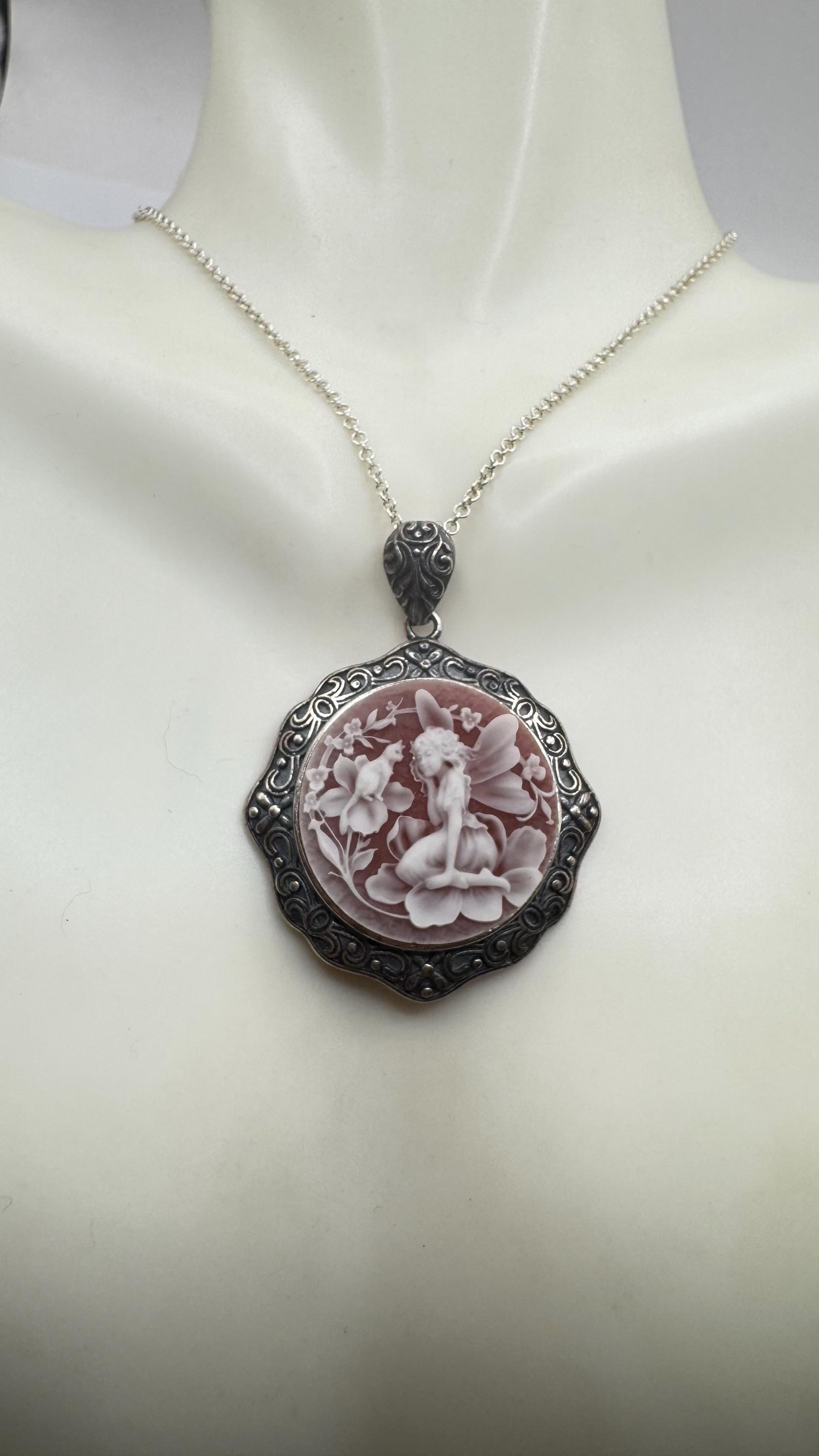 Vintage Carved Cameo Fairy Sprite on Flowers 925 Sterling Silver Necklace Choker