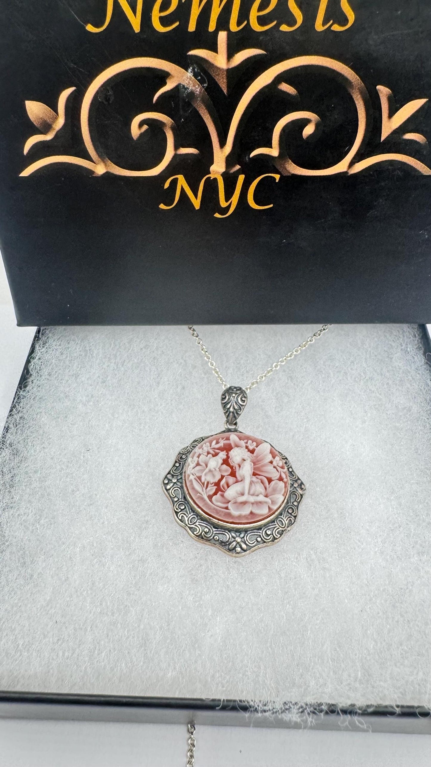 Vintage Carved Cameo Fairy Sprite on Flowers 925 Sterling Silver Necklace Choker