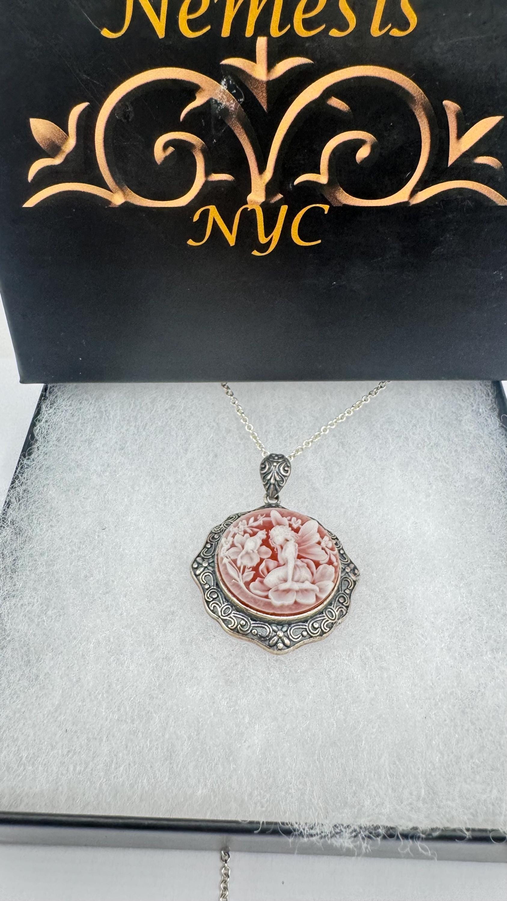 Vintage Carved Cameo Fairy Sprite on Flowers 925 Sterling Silver Necklace Choker