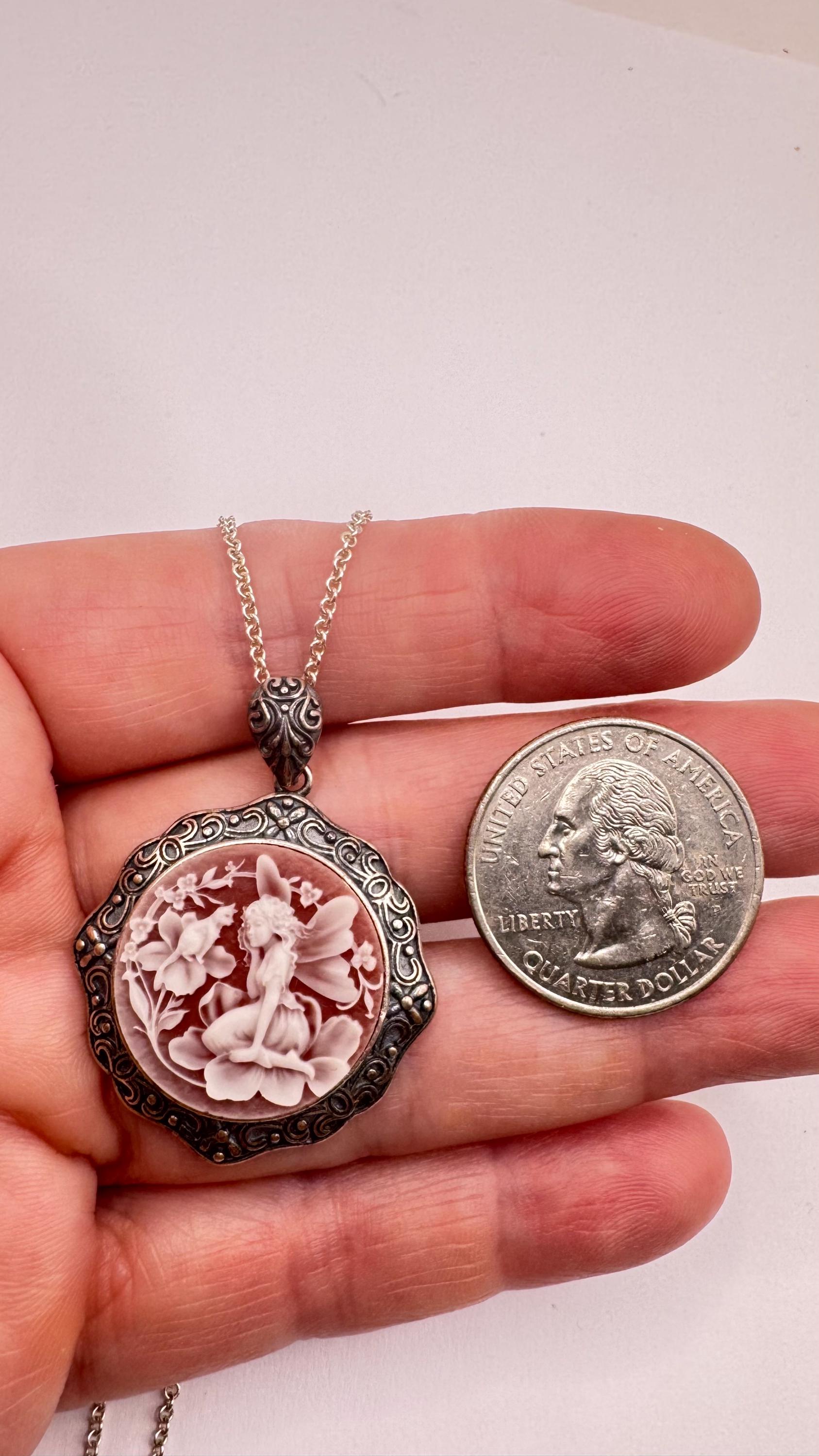 Vintage Carved Cameo Fairy Sprite on Flowers 925 Sterling Silver Necklace Choker