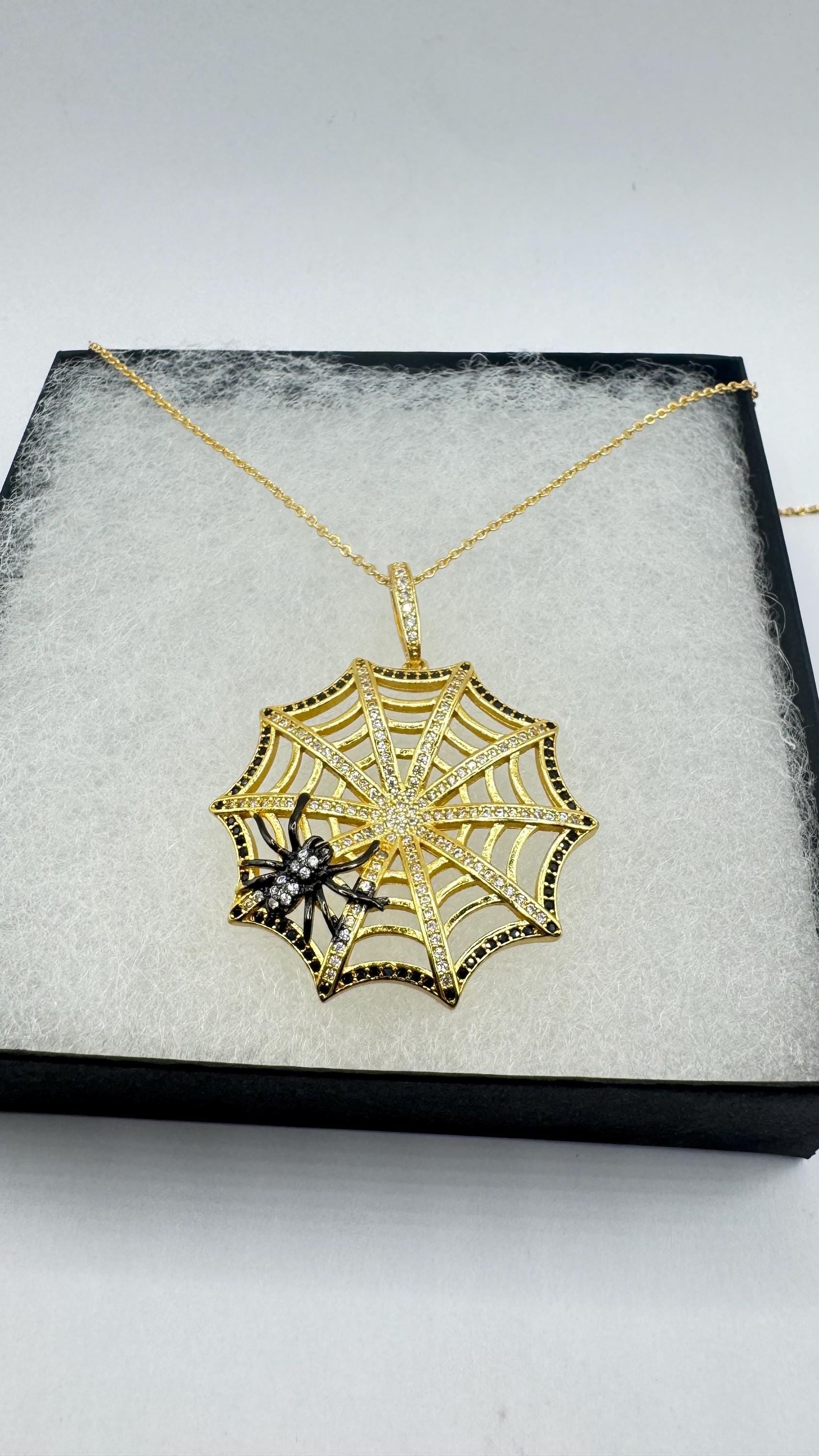 Vintage Handmade spider web Amulet Gold White Bronze Pendant