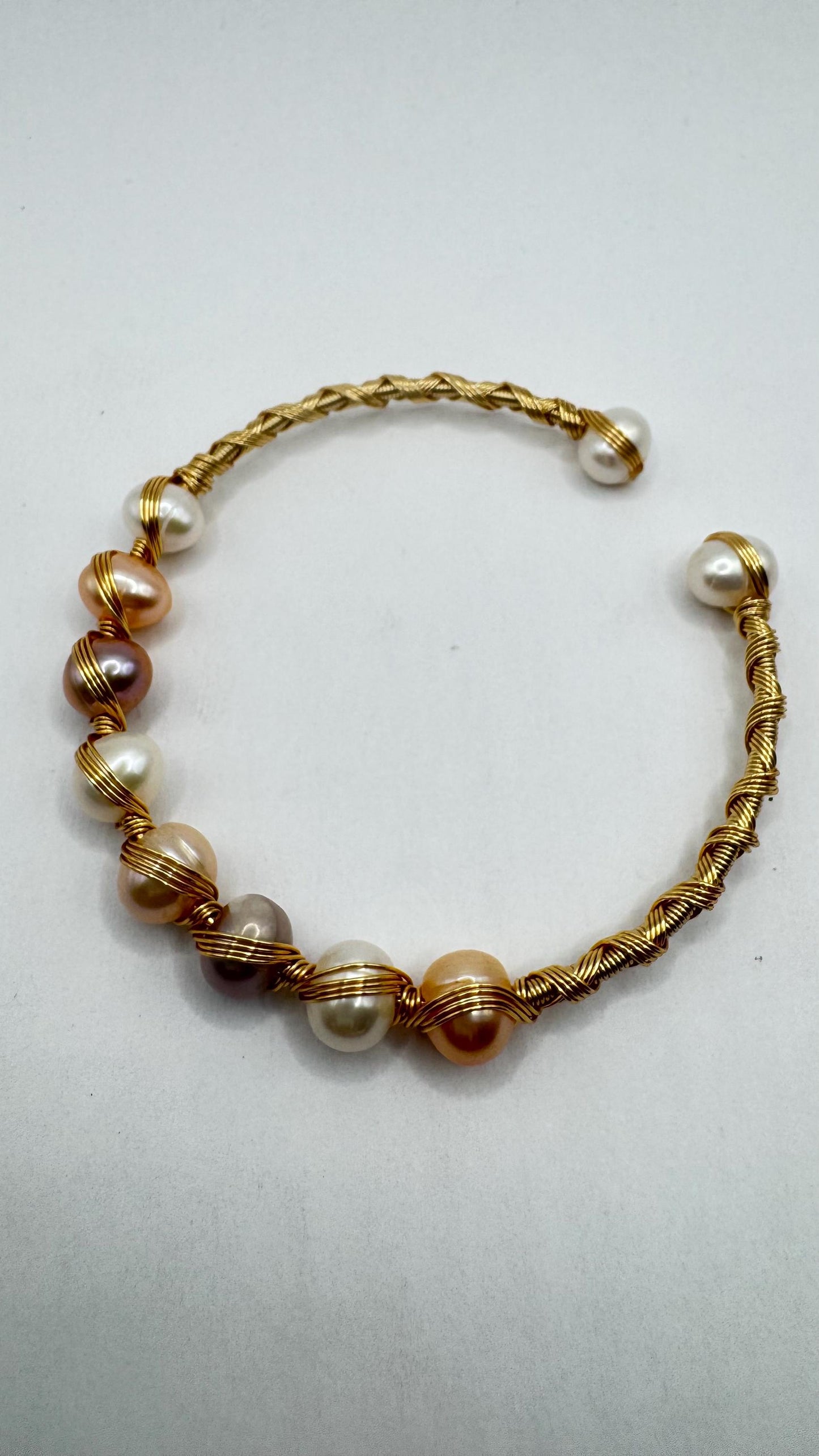 Vintage Pearl Cuff Bangle Bracelet Gold 925 Sterling Silver Hand Made