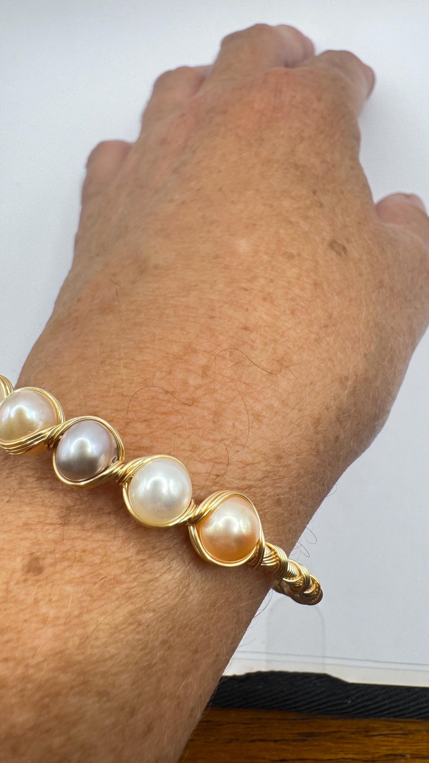 Vintage Pearl Cuff Bangle Bracelet Gold 925 Sterling Silver Hand Made