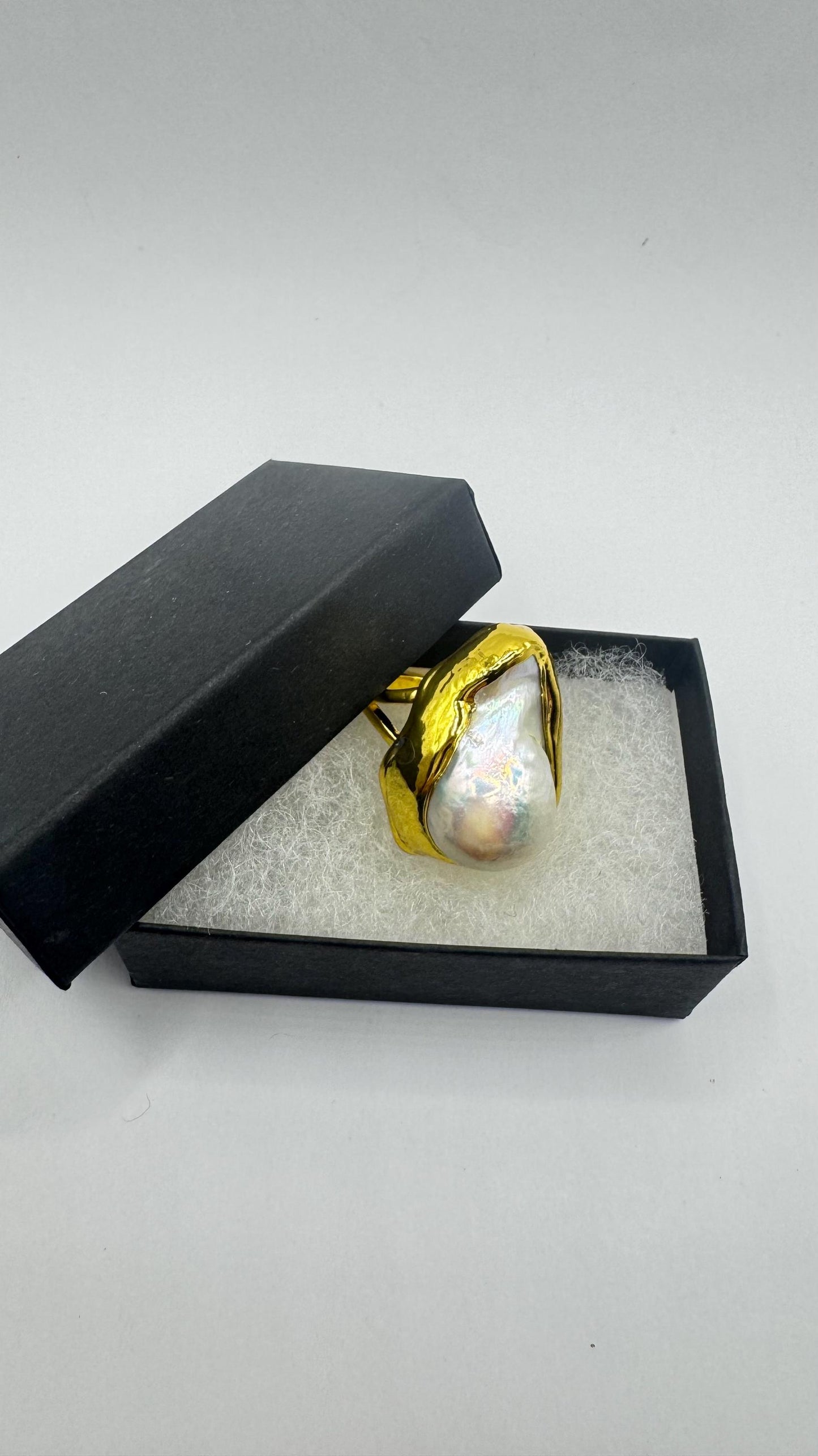 Vintage Biwa Pearl Ring Golden 925 Sterling Silver Cocktail Statement Adjustable