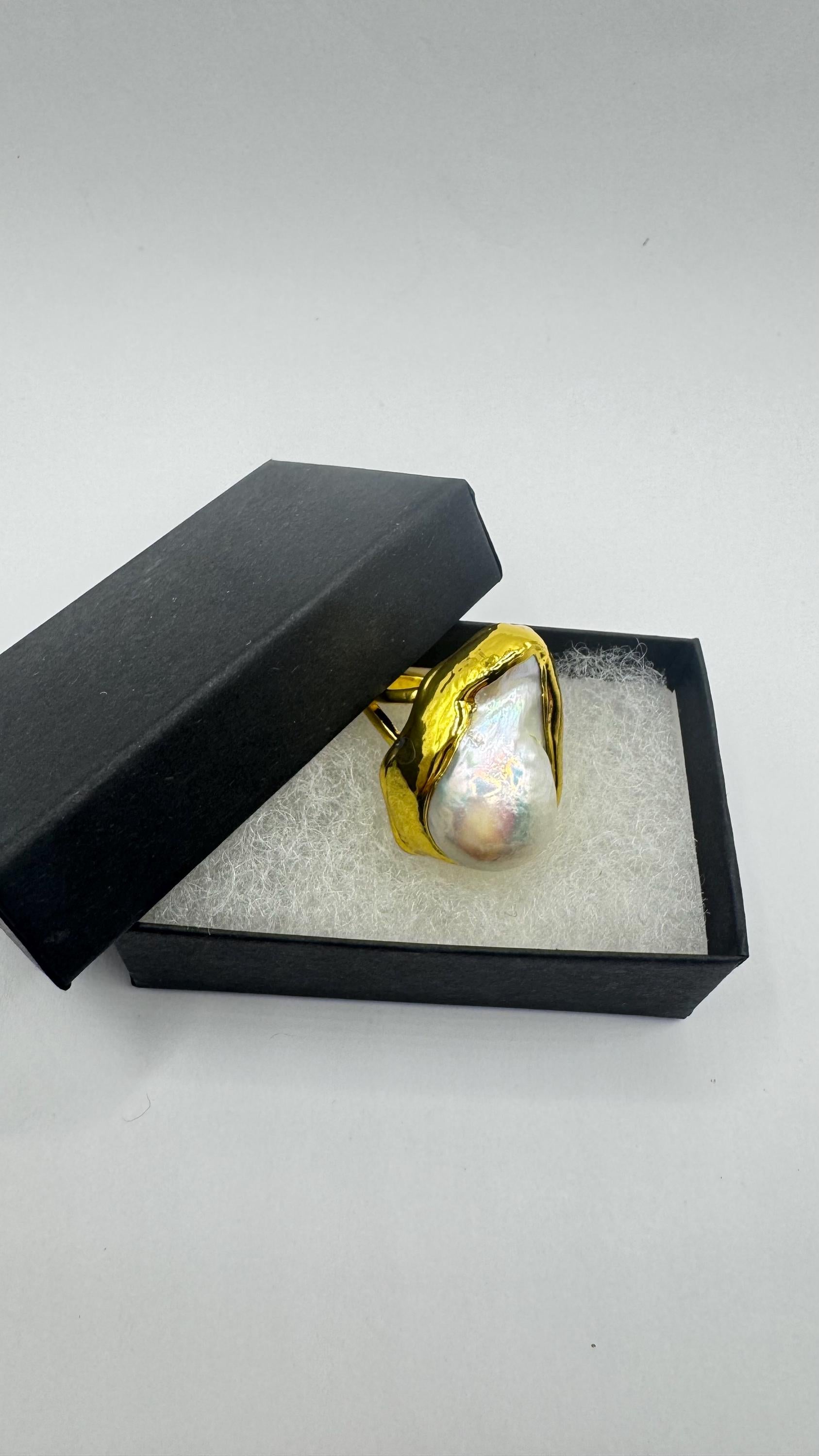 Vintage Biwa Pearl Ring Golden 925 Sterling Silver Cocktail Statement Adjustable