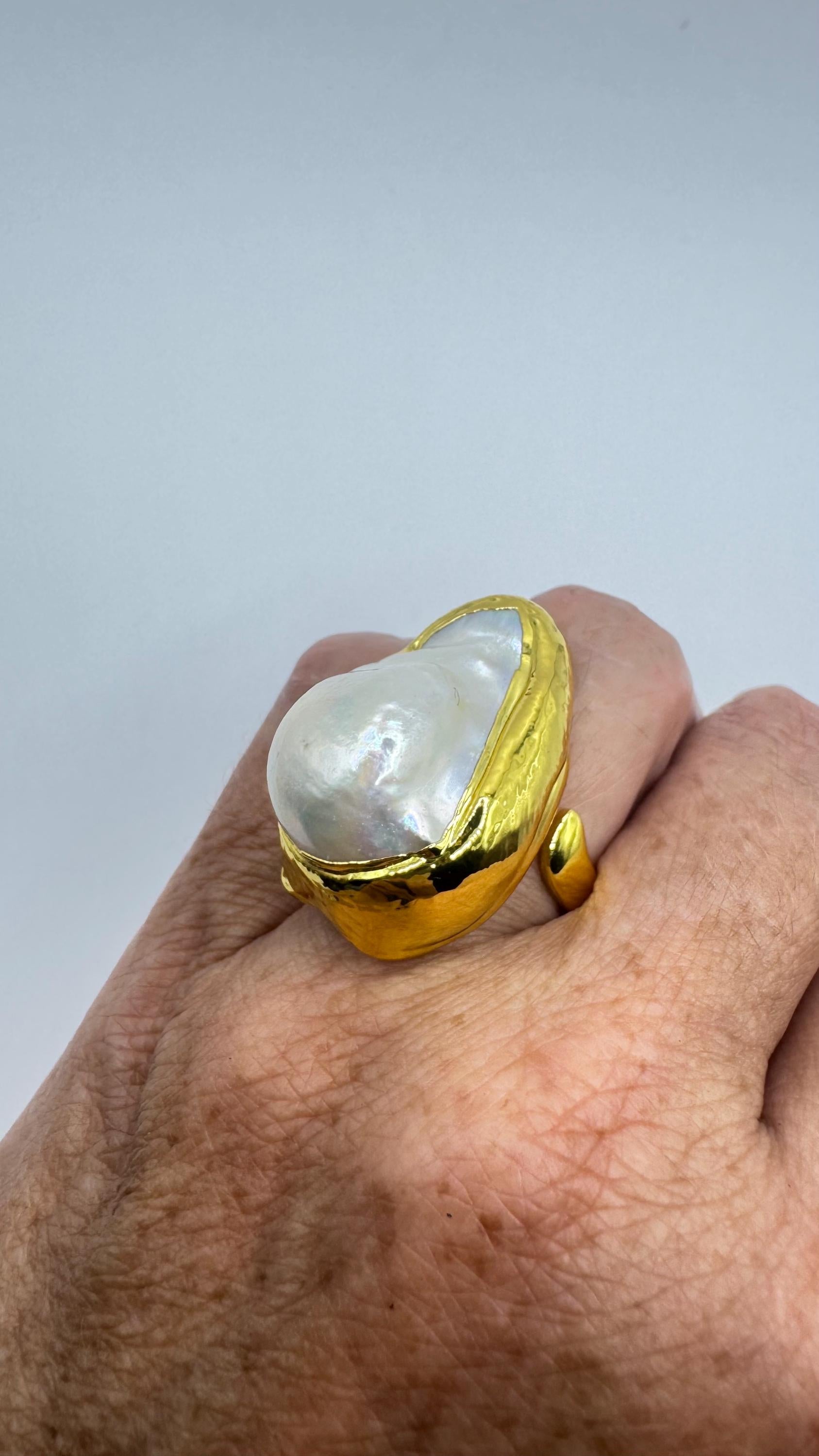 Vintage Biwa Pearl Ring Golden 925 Sterling Silver Cocktail Statement Adjustable