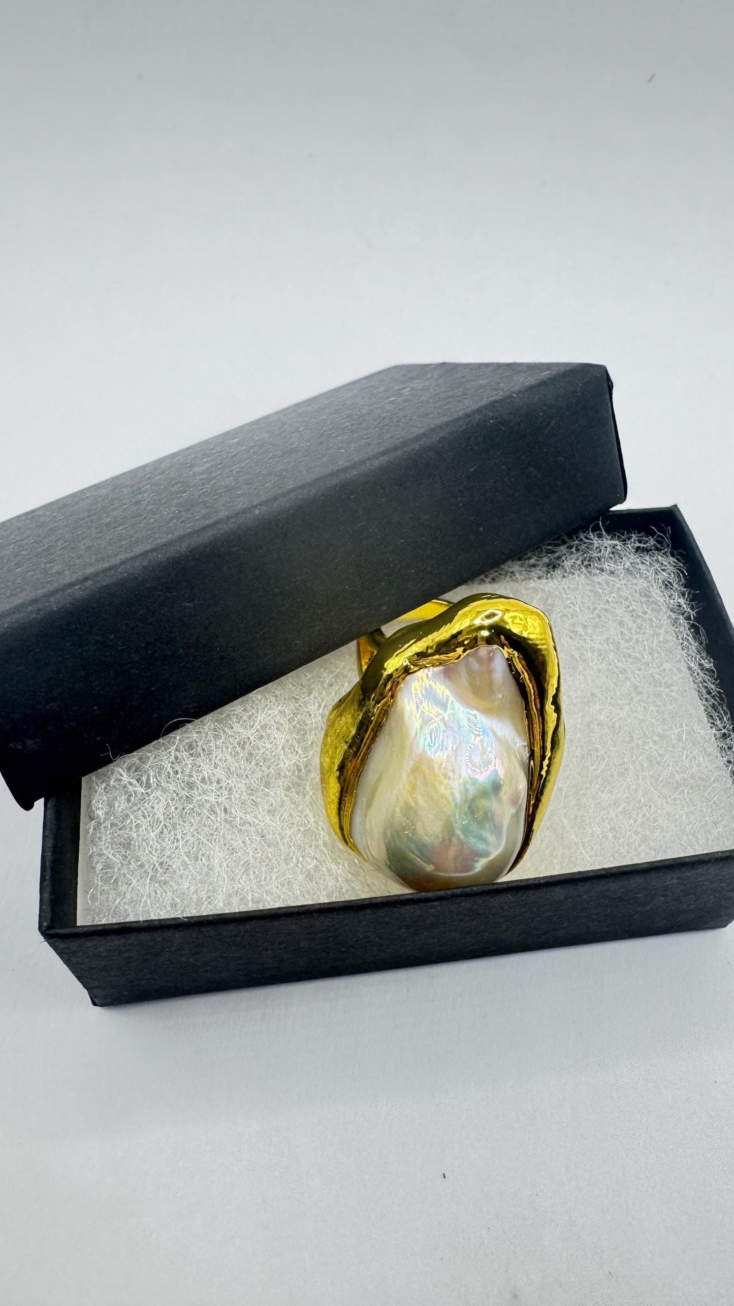 Vintage Biwa Pearl Ring Golden 925 Sterling Silver Cocktail Statement Adjustable