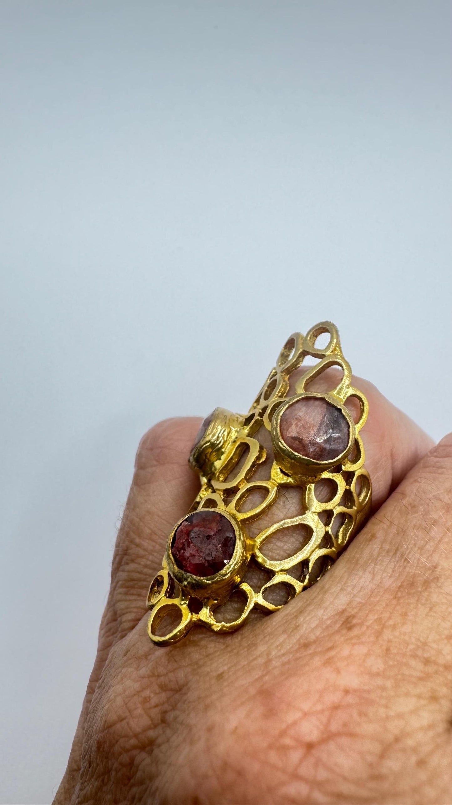 Vintage Boho Pink Raw Ruby Gold Cocktail Ring adjustable
