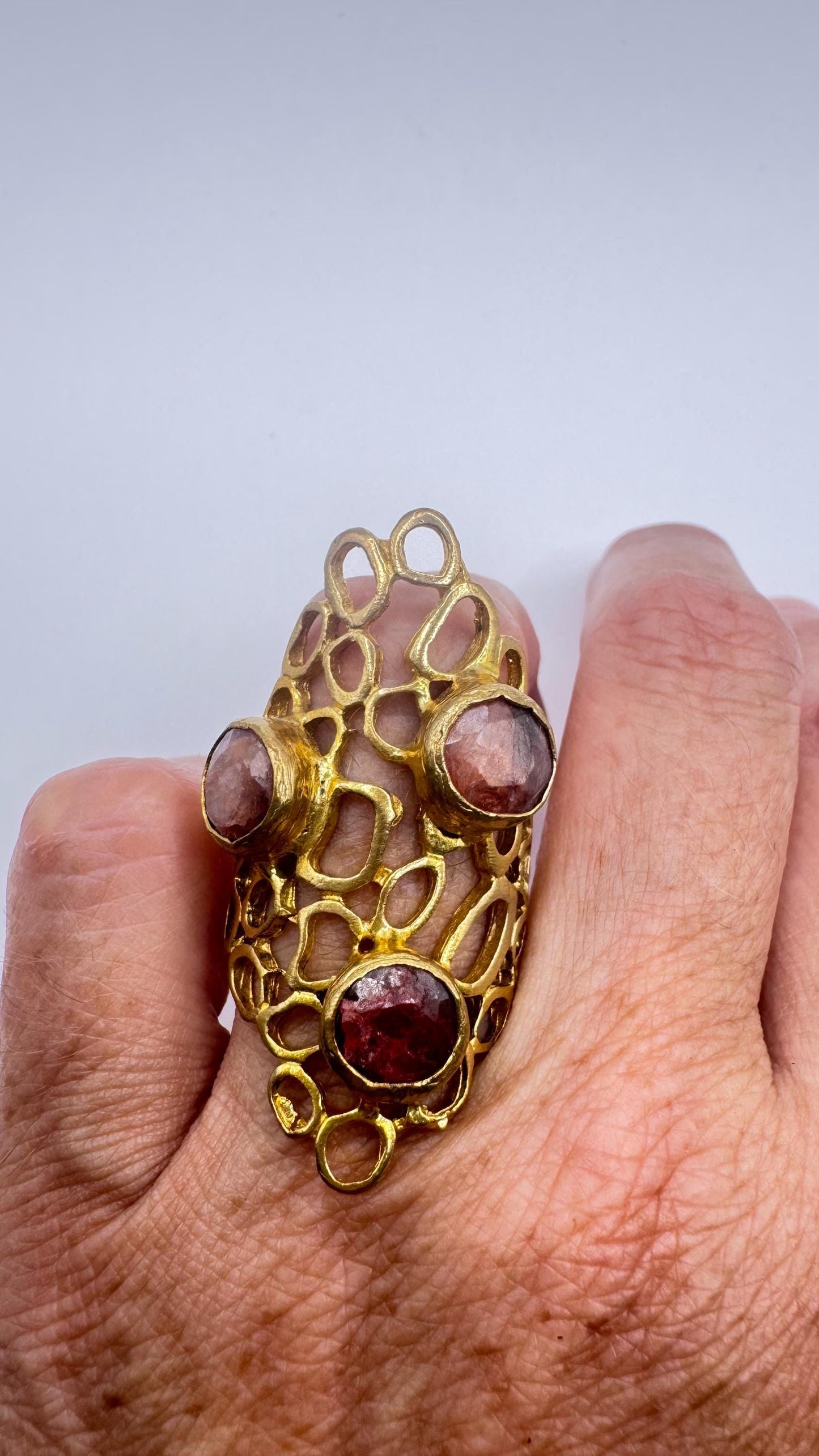 Vintage Boho Pink Raw Ruby Gold Cocktail Ring adjustable