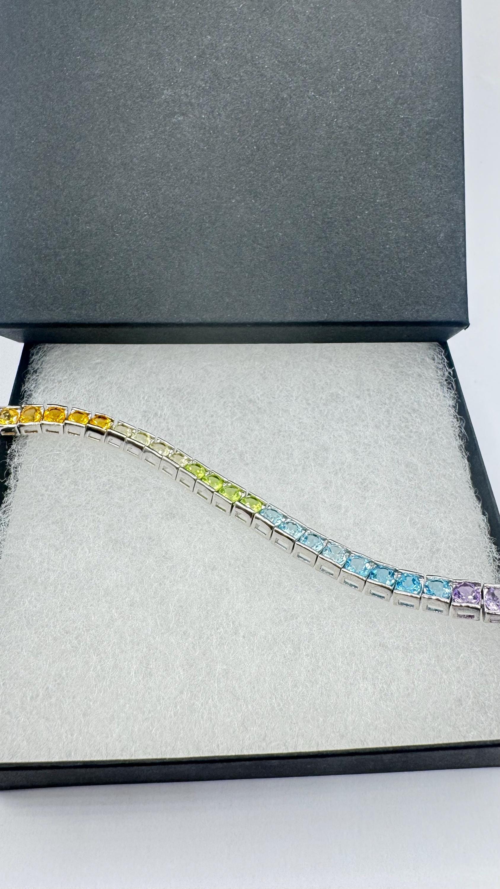 Vintage Garnet Amethyst Citrine Peridot in 925 Sterling Silver Tennis Bracelet