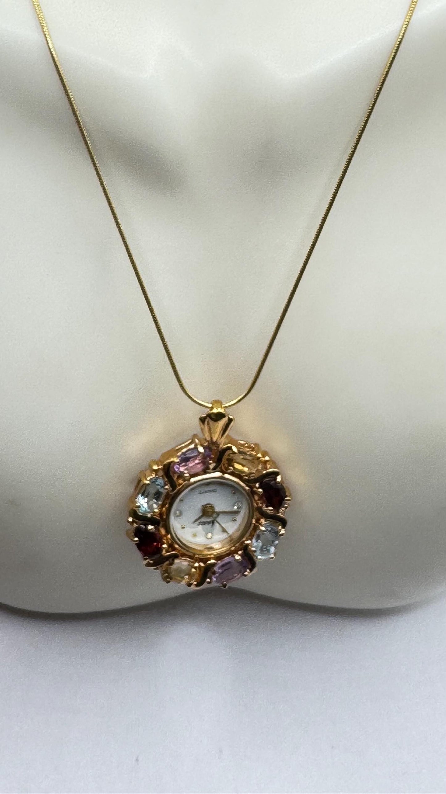 Vintage Watch Necklace Golden 925 Sterling Silver Genuine Blue Topaz Sapphire Antique Pendant