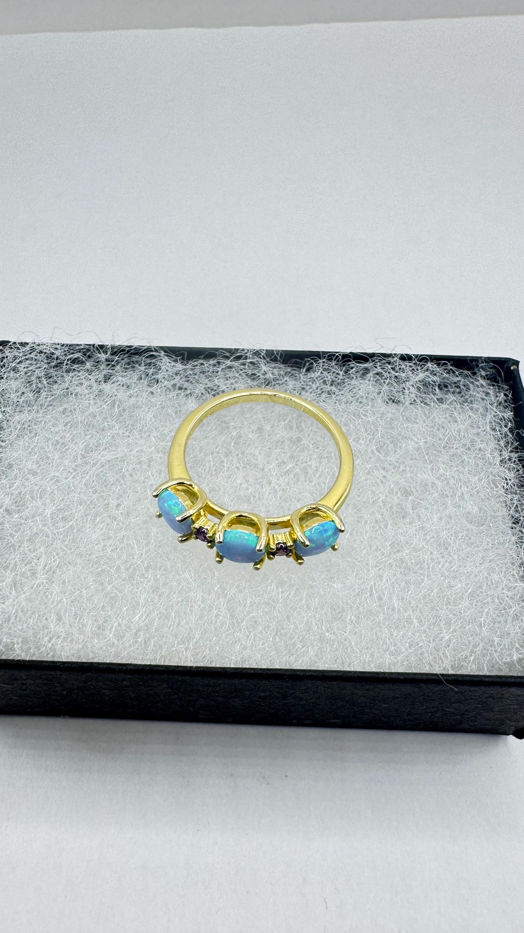 Vintage Fire Opal Green Chrome Diopside Ring Gold 925 Sterling Silver Cocktail Weddng Band Bride Something Blue