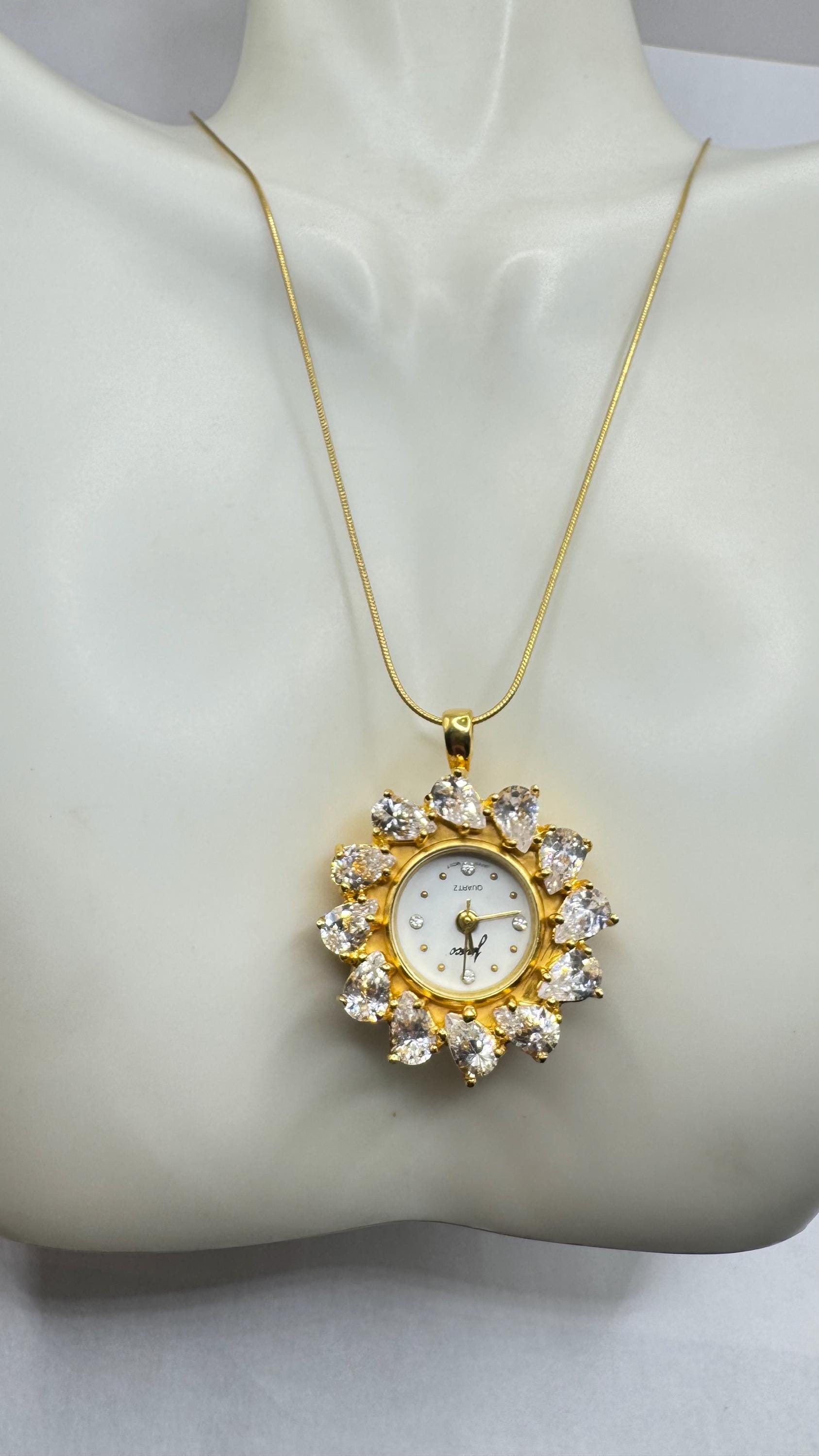 Vintage Watch Necklace 925 Sterling Silver Genuine Gemstone Antique Pendant