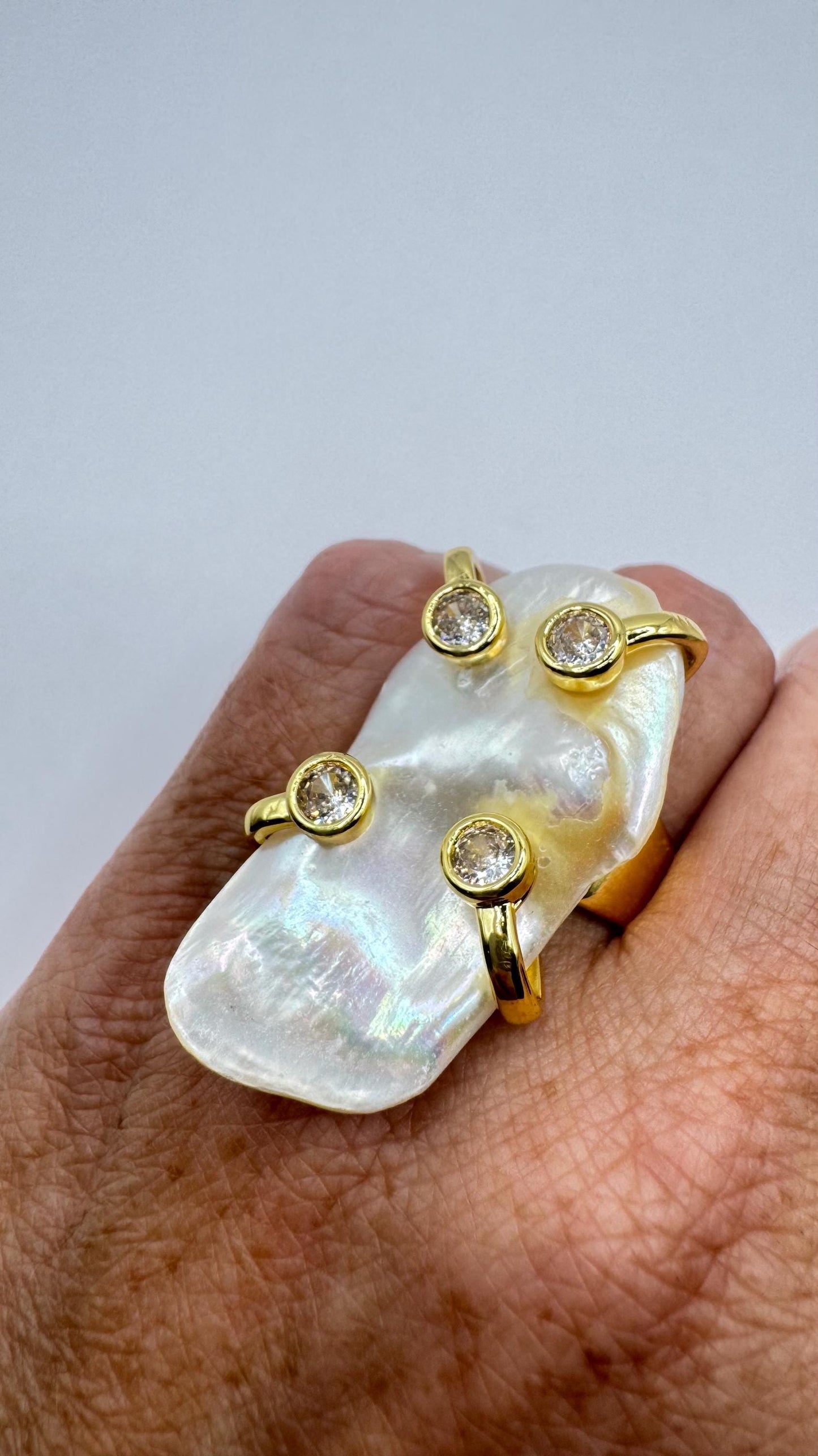 Vintage Biwa Pearl Ring Golden 925 Sterling Silver Cocktail Statement Adjustable